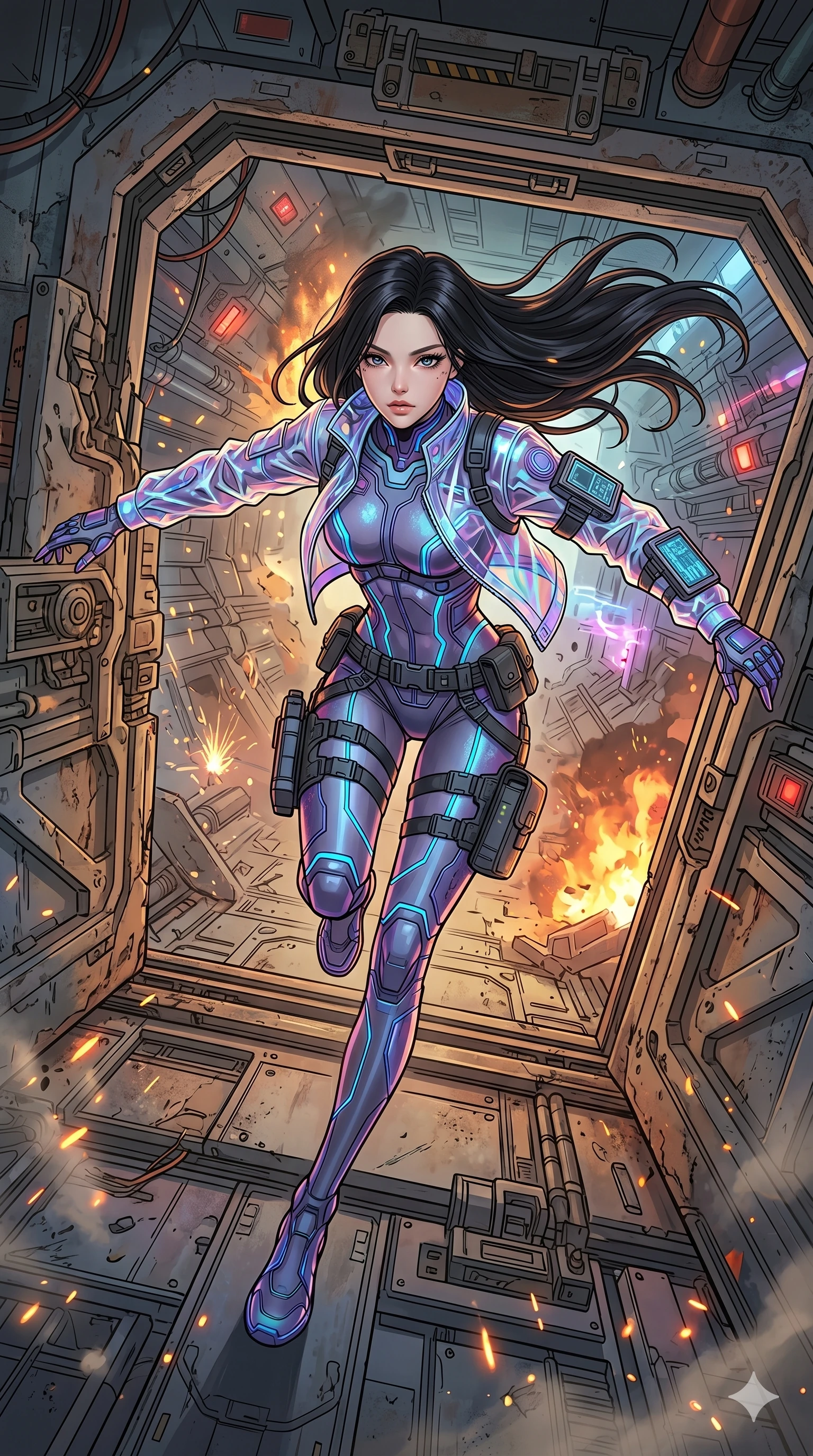 score_9, masterpiece, best quality, ultra-detailed, high-budget anime movie keyframe, cinematic anime lighting, intricate line art, Korean woman. Extreme high angle shot as she leaps towards the camera, filling the frame. sliding underneath a closing blast door in a crumbling space station. She has an absolutely perfect 8-heads proportion, an exceptionally tall and slender female figure with an ultra-slim waist and impossibly long slender legs. strictly human anatomy, two legs only, no extra limbs, clearly defined legs and arms, perfect anatomy, perfect hands and fingers. sharp v-shaped jawline, high-bridge nose, intricate jewel-like eyes, thick eyelashes, glossy lips. Wearing Tech-Fantasy: Cybernetic tech-suit with glowing seams, translucent PVC over leotard, and modular tactical gear. The scene is illuminated by dramatic atmospheric lighting and vibrant color palettes. , 2k, ultra detail, master piece, 9:16 ratio