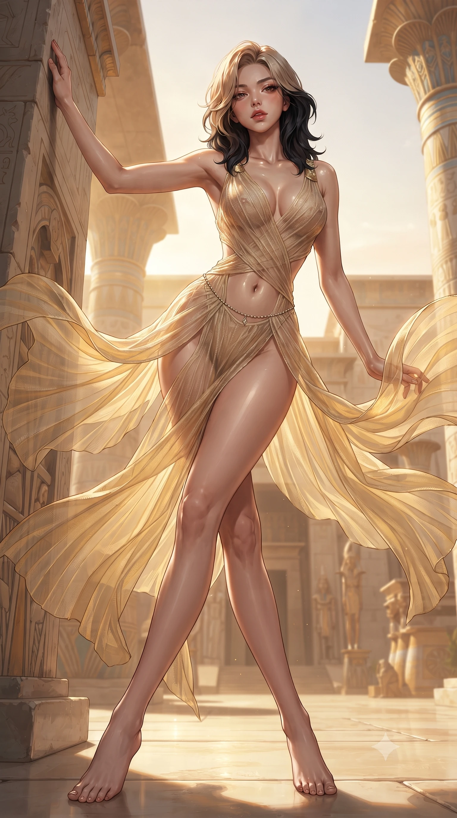 score_9, masterpiece, best quality, ultra-detailed, high-budget anime keyframe, editorial fashion photography, tasteful artistic composition, Korean woman. low angle full-body shot from head to toe showing her feet, filling the entire 9:16 vertical frame with her statuesque presence, stretching her vertical silhouette. leaning deep against the structural architecture with hips cocked in an unapologetically bold, seductive high-fashion stance while pivoting gracefully on the polished alabaster temple floor, her sheer pleated gold drapery swirling around her statuesque hips and long legs. The surrounding environment is rendered in vivid detail and crisp panoramic clarity. breathtaking Egyptian golden-hour chiaroscuro and majestic Pharaoh sanctuary architecture in precision. She has an absolutely perfect, statuesque 8.5-heads proportion, an exceptionally tall and slender model-like female figure with impossibly long slender legs, a toned flat midriff, an ultra-slim waist, and beautifully sculpted feminine hips. sharp v-shaped jawline, high-bridge nose, intricate jewel-like eyes with depth, thick eyelashes, glossy parted lips with a natural sheen, intensely captivating and seductive bedroom-eyes expression, flawlessly proportioned anatomical accuracy, strict slender model proportions, natural body alignment, perfectly sculpted long slender limbs, ultra-slim waistline, clean dynamic posture without body distortion. wearing a delicate semi-translucent gold gauze gown that clings to her skin and curvy hip contours in pure alabaster white and polished gold leaf, crafted from breathable crinkled linen with organic desert dye, accented with a dainty diamond waist chain framing her sun-kissed midriff, the liquid-tight tailored fabric clinging flawlessly to her narrow waist and rounded feminine hips, emphasizing every millimeter of her sculpted hourglass curves during movement. illuminated by intense golden specular reflections sculpting her bare collarbones, ultra-slim waist, and curvy hips. ultra-reflective glossy finish, specular highlights, rich textural contrasts, high-contrast stereoscopic depth, volumetric dynamic lighting, 2k, ultra detail, master piece, 9:16 ratio