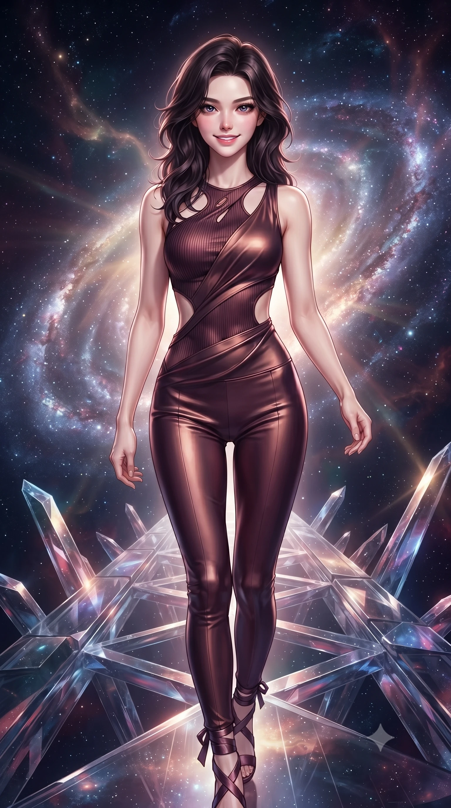 score_9, masterpiece, best quality, ultra-detailed, high-budget anime keyframe, editorial fashion photography, tasteful artistic composition, Korean woman. close-up cowboy shot from the waist and thighs up, the character dominates the composition, filling the frame with her large presence, background elements kept in soft focus. Smiling with quiet, magnetic self-assurance directly into the lens stepping along a crystalline cosmic bridge in deep space, swirling galaxy dust creating luminous arcs in the air. She has an exceptionally elegant, slender, and willowy female figure with an ultra-slim waist, a gracefully sculpted slender torso, and a refined silhouette. sharp v-shaped jawline, high-bridge nose, intricate jewel-like eyes with depth, thick eyelashes, glossy lips with a natural sheen. wearing a form-fitting ribbed activewear set with collar cutouts in deep burgundy and bronze, crafted from lustrous satin jersey with fluid draping, featuring clean architectural cutouts along her slender torso, the elegant draped fit framing her graceful clavicle and slender torso. surrounded by a glowing aura of starlight and shimmering celestial rays. highly saturated vibrant anime colors, detailed shading with soft gradients, rich glossy textures, high-contrast stereoscopic depth, volumetric dynamic lighting, master piece, 9:16 ratio
