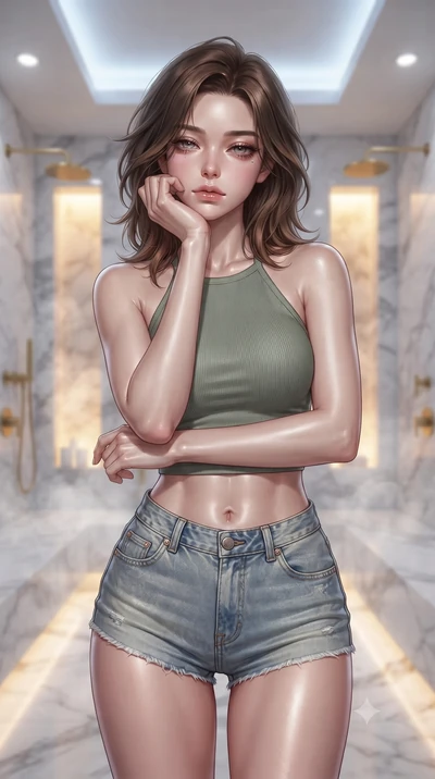 score_9, masterpiece, best quality, ultra-detailed, high-budget anime keyframe, editorial fashion photography, tasteful artistic composition, Korean woman woman. close-up cowboy shot from the waist and thighs up, the character dominates the compositi