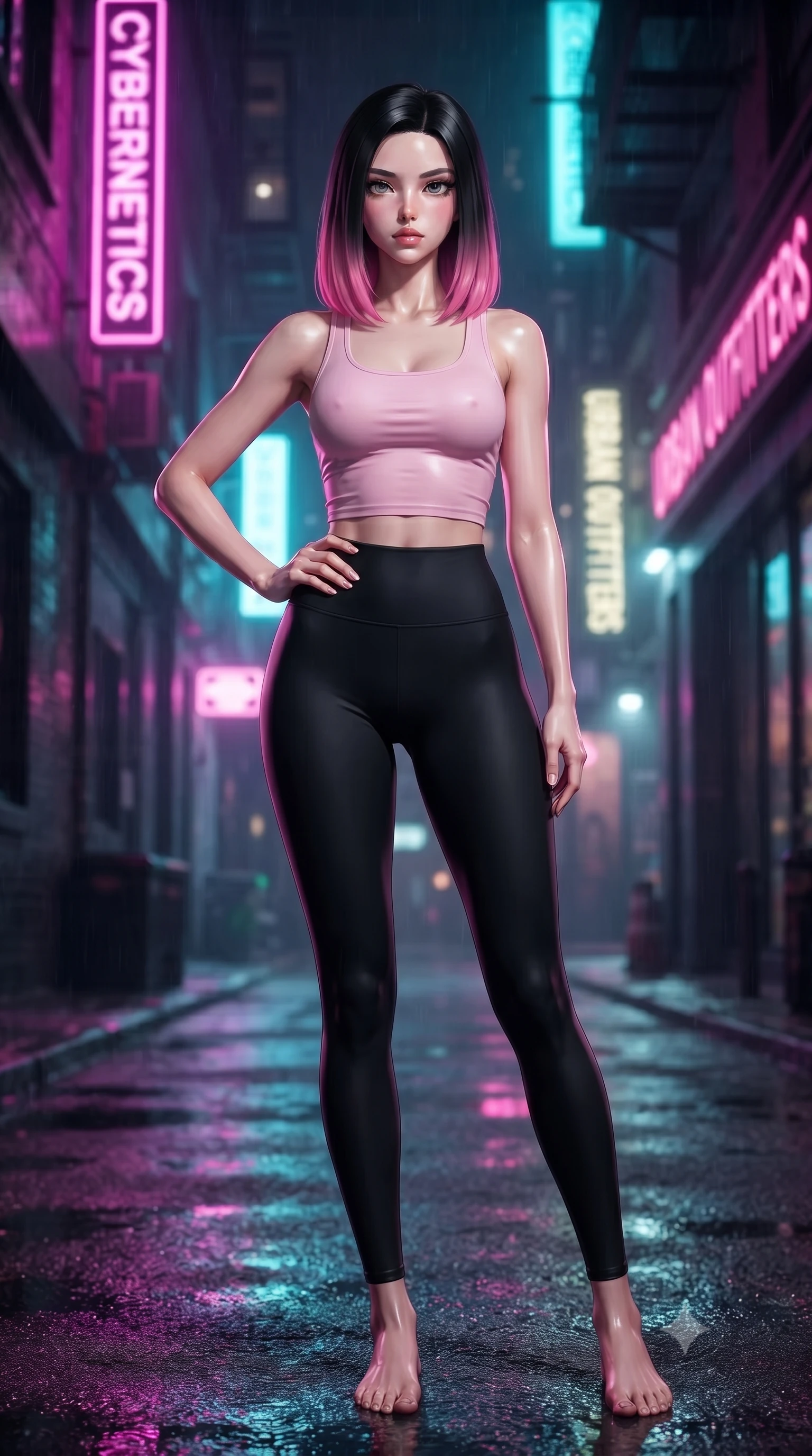 score_9, masterpiece, best quality, ultra-detailed, high-budget anime keyframe, editorial fashion photography, tasteful artistic composition, Korean woman. low angle full-body shot from head to toe showing her feet, filling the entire 9:16 vertical frame with her statuesque presence, stretching her vertical silhouette. posing confidently with one hand on her hip, stretching her statuesque body to emphasize her curves the background shows a soft-focus a private rain-slicked alleyway under flickering neon signs in a futuristic cityscape. She has an absolutely perfect, statuesque 8.5-heads proportion, an exceptionally tall and slender model-like female figure with impossibly long slender legs and an ultra-slim waist. sharp v-shaped jawline, high-bridge nose, intricate jewel-like eyes with depth, thick eyelashes, glossy lips with a natural sheen. wearing a slim-fit body-hugging light pink crop tank top paired with high-waisted tight-fitting leggings. vibrant magenta and cyan neon rim light casting sharp reflections on the wet asphalt. ultra-reflective glossy finish, specular highlights, metallic sheen, high-contrast stereoscopic depth, volumetric dynamic lighting, 2k, ultra detail, master piece, 9:16 ratio
