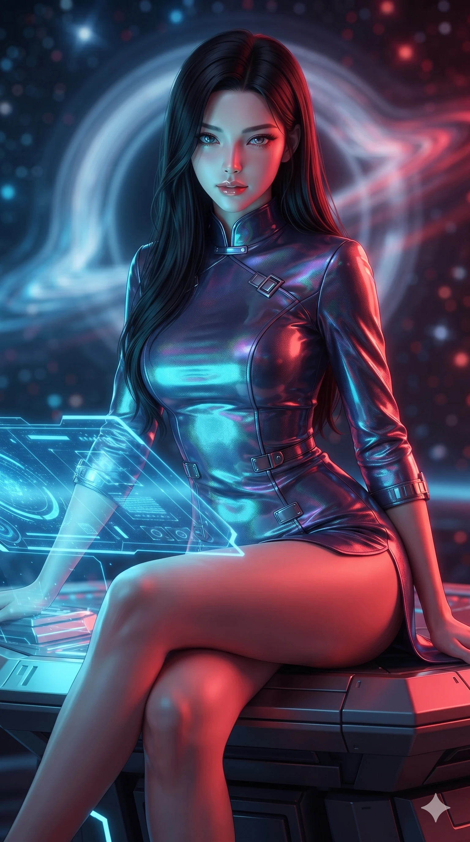 score_9, masterpiece, best quality, ultra-detailed, high-budget anime keyframe, editorial fashion photography, tasteful artistic composition, Korean woman. close-up cowboy shot from the waist and thighs up, the character dominates the composition, filling the frame with her large presence. leaning forward over the holographic console while arching her lower back to accentuate her curvy hips, looking into the camera with an intoxicating smoldering bedroom-gaze while sitting gracefully on the elevated sensor console with legs crossed, flashing an enchanting, confident smile with parted glossy lips. The background shows a soft-focus warped gravitational lensing rings, blue and crimson Doppler-shifted plasma waves, and distant star clusters blurred into sapphire, ruby, and obsidian bokeh. She has an exceptionally elegant, slender, and willowy female figure with an ultra-slim waist, flat toned midriff, narrow ribcage, and sculpted feminine hips creating an alluring, slim hourglass silhouette without bulk. sharp v-shaped jawline, high-bridge nose, intricate jewel-like sparkling eyes with depth, thick eyelashes, glossy parted lips with a natural sheen, bright confident smile with an enchanting and coquettish sensual glint, exuding both youthful magnetic charm and sovereign high-tech allure, flawlessly proportioned anatomical accuracy, strict slender model proportions, natural body alignment, perfectly sculpted long slender limbs, ultra-slim waistline, clean dynamic posture without body distortion. wearing an aristocratic planetary council ceremonial tunic dress with high mandarin collar and bracelet sleeves in iridescent dark chrome and holographic violet, woven from high-density tech-wool with subtle metallic thread weave, finished with polished chrome buckle hardware and modular magnetic holster clasps, the impeccably tailored cut draping gracefully along her slender figure with aristocratic poise. bathed in dramatic split relativistic lighting: blazing electric cyan on the approaching side and fiery crimson on the receding side. ultra-reflective glossy finish, specular highlights, rich textural contrasts, high-contrast stereoscopic depth, volumetric dynamic lighting, 2k, ultra detail, master piece, 9:16 ratio