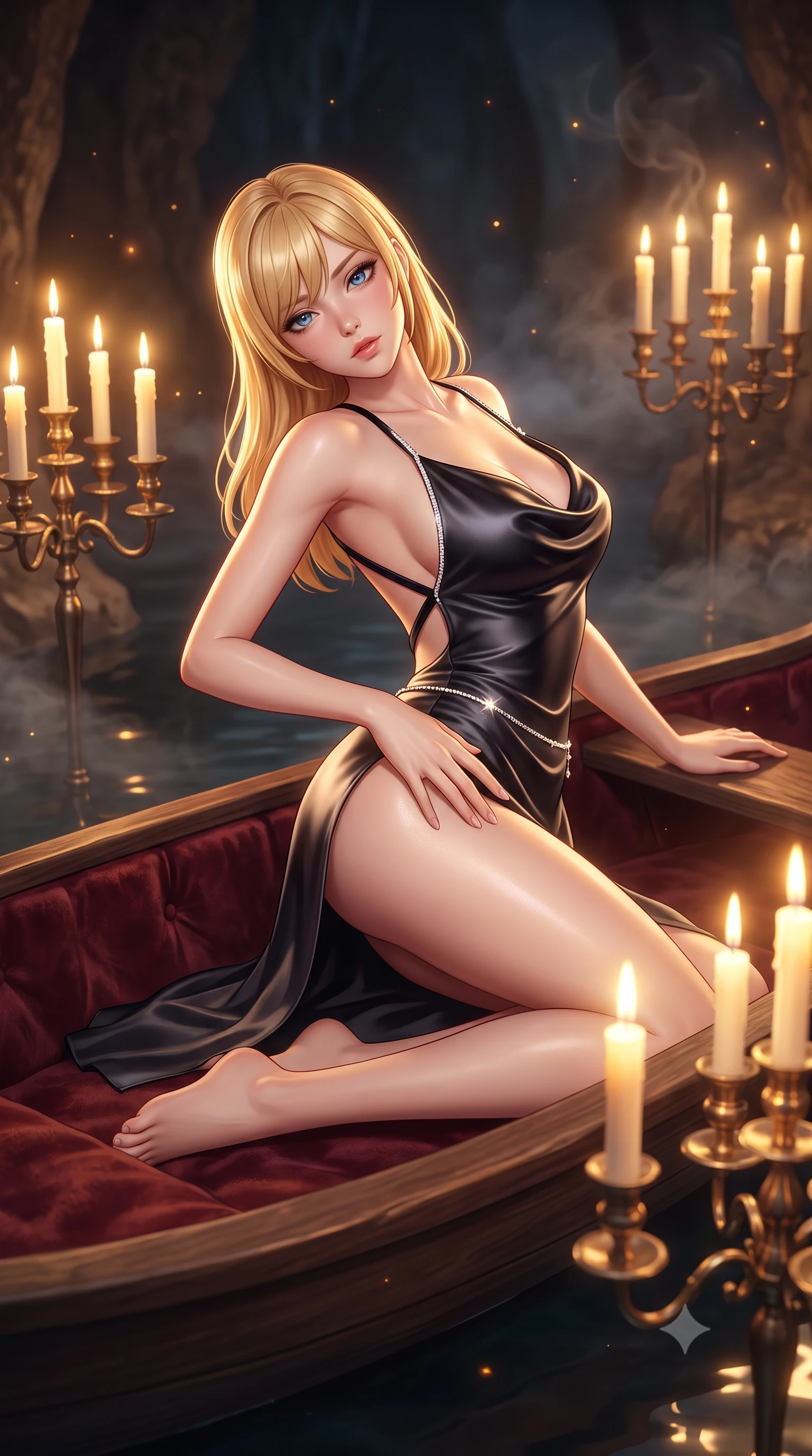 score_9, masterpiece, best quality, ultra-detailed, high-budget anime keyframe, semi-realistic 3D game render, editorial fashion photography, tasteful artistic composition, Caucasian woman. close-up cowboy shot from the waist and thighs up, the character dominates the composition, filling the frame with her large presence. arching her spine backward with effortless dancer poise, one hand sliding along her hip line as directional light carves specular highlights along her silhouette while reclining languidly on an antique velvet-lined skiff floating on the subterranean black lake, arching her spine with one knee bent as candlelight traces her curvy hips. The composition keeps background elements in soft focus with creamy bokeh. drifting cavern mist and candelabra wax smoke catching glowing amber light motes. She has an exceptionally elegant, slender, and willowy female figure with an ultra-slim waist, flat toned midriff, narrow ribcage, and sculpted feminine hips creating an alluring, slim hourglass silhouette without bulk. sharp v-shaped jawline, high-bridge nose, intricate jewel-like eyes with depth, thick eyelashes, glossy parted lips with a natural sheen, intensely captivating and seductive bedroom-eyes expression, flawlessly proportioned anatomical accuracy, strict slender model proportions, natural body alignment, perfectly sculpted long slender limbs, ultra-slim waistline, clean dynamic posture without body distortion. wearing a backless cowl-neck satin slip dress featuring high-cut side hip slits and delicate criss-cross back straps in pitch-black velvet with diamond crystal trim, tailored from ultra-smooth duchess satin with a pearlescent sheen, accented with a dainty diamond waist chain catching the ambient light reflections, the form-contouring material adhering flawlessly to her sculpted flat midriff and slender torso, emphasizing her long leg lines and perfectly proportioned willowy build. bathed in warm golden candelabra flicker from all sides and soft subterranean lake water reflections. highly saturated vibrant anime colors, detailed shading with soft gradients, rich glossy textures, high-contrast stereoscopic depth, volumetric dynamic lighting, master piece, 9:16 ratio
