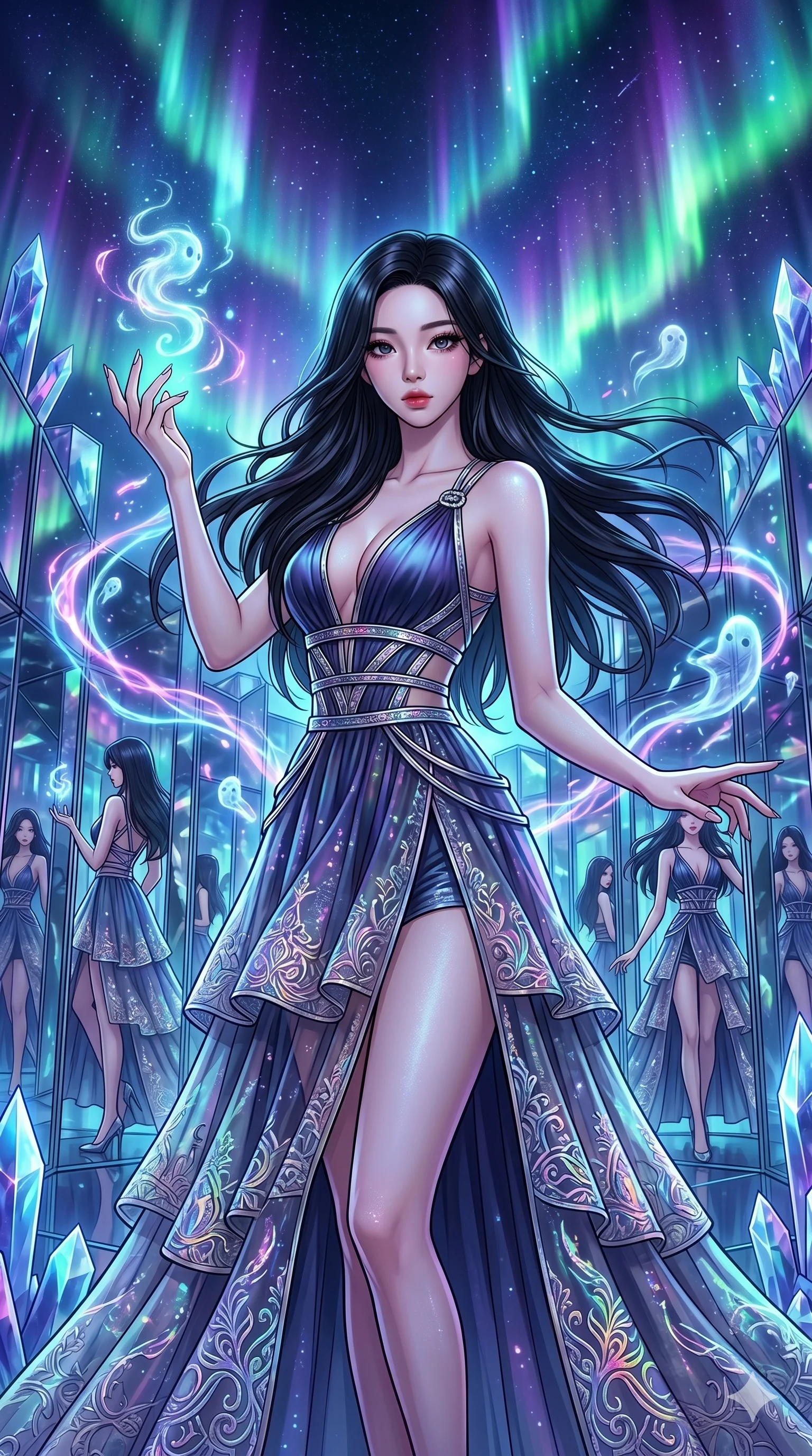 score_9, masterpiece, best quality, ultra-detailed, high-budget anime movie keyframe, cinematic anime lighting, intricate line art, Korean woman. Medium shot of upper body capturing the intricate details of her high-fashion attire. summoning mystical spirits in a infinite mirror maze amidst aurora borealis. She has an absolutely perfect 8-heads proportion, an exceptionally tall and slender female figure with an ultra-slim waist and impossibly long slender legs. sharp v-shaped jawline, high-bridge nose, intricate jewel-like eyes, thick eyelashes, glossy lips. Wearing modernized deep-plunging silk hanbok-fusion with metallic straps, a high-slit sheer skirt over micro-shorts, and holographic embroidered patterns. The scene is illuminated by dramatic atmospheric lighting and vibrant color palettes. , 2k, ultra detail, master piece, 9:16 ratio
