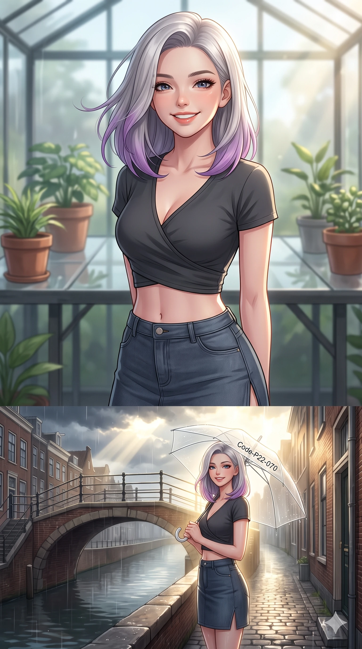 score_9, masterpiece, best quality, ultra-detailed, high-budget anime keyframe, vibrant anime aesthetic, Caucasian woman, strictly human ears. close-up cowboy shot from the waist and thighs up, the character dominates the composition, filling the frame with her large presence, background elements kept in soft focus. She is sitting by a glass greenhouse table, smiling warmly at the camera, her eyes shining with genuine joy with a soft breath of wind in her hair. standing on a vintage brick arch bridge over a quiet canal, under a clear umbrella during a soft drizzle (Code-P22-070). She has an absolutely perfect proportion, an exceptionally elegant and slender female figure with an ultra-slim waist. V-shaped jawline, high-bridge nose, intricate jewel-like eyes with depth, thick eyelashes, glossy lips with a natural sheen. wearing a cropped wrap top and a matching denim skirt with a refined side vent in classic charcoal. She is bathed in brilliant midday sunbeams breaking through storm clouds, creating a glowing aura, creating a cinematic, high-budget anime lighting effect along the cobblestone alley. 2k, ultra detail, master piece, 9:16 ratio