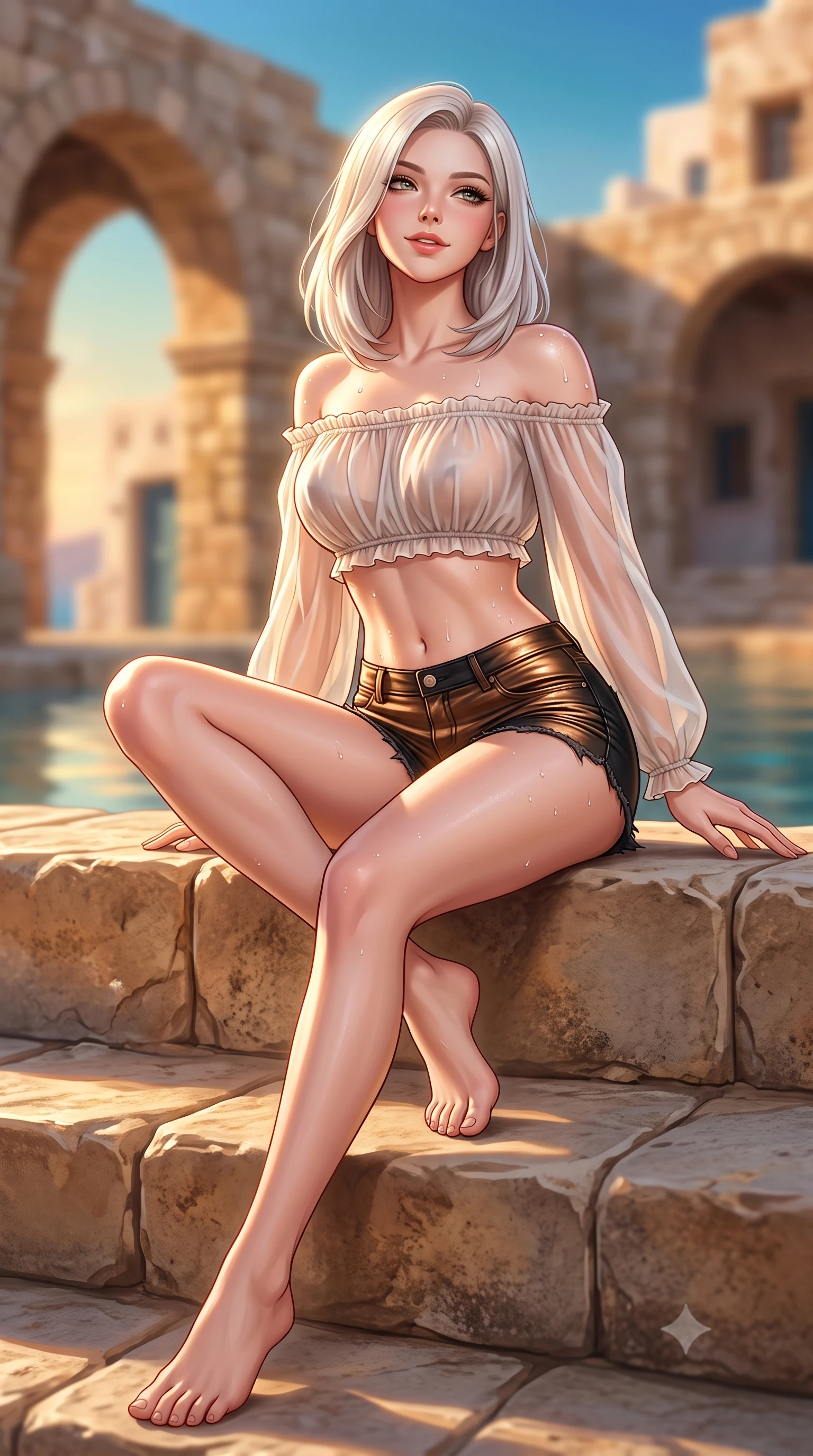 score_9, masterpiece, best quality, ultra-detailed, high-budget anime keyframe, semi-realistic 3D game render, editorial fashion photography, tasteful artistic composition, Caucasian woman. low angle full-body shot from head to toe showing her feet, filling the entire 9:16 vertical frame with her statuesque presence, stretching her vertical silhouette. sitting poised on the stone steps with one knee bent, arching her spine with supermodel elegance as she glances upward through thick eyelashes while twisting her slender torso in an alluring contrapposto stance, fresh island breezes molding her form-fitting outfit to her curvy hips. The background shows a soft-focus cycladic stone arches softened in idyllic Greek island shallow focus. She has an absolutely perfect, statuesque 8.5-heads proportion, an exceptionally tall and slender model-like female figure with impossibly long slender legs, an ultra-slim waist, a flat toned midriff, narrow delicate ribcage, and beautifully sculpted feminine hips creating a graceful, slim hourglass silhouette without any bulky heaviness. sharp v-shaped jawline, high-bridge nose, sparkling eyes with hypnotic seductive depth, thick curled eyelashes, glossy parted lips with a natural dewy peach sheen, alluring bedroom-eyes with an enchanting coquettish smile, exuding magnetic siren charisma and sophisticated glamour, flawlessly proportioned anatomical accuracy, strict slender model proportions, natural body alignment, perfectly sculpted long slender limbs, ultra-slim waistline, clean dynamic posture without body distortion. wearing an off-the-shoulder sheer peasant crop blouse with elastic ruched neckline paired with tight distressed cutoff shorts in metallic liquid bronze and Mojave obsidian black, crafted from smooth liquid-tight stretch jersey emphasizing every curve of her body, finished with glistening drops of seawater beading across her sculpted shoulders and flat midriff, the second-skin tailored fabric adhering flawlessly to her sculpted flat midriff and slender torso, emphasizing her long leg lines and perfectly proportioned willowy build. illuminated by Aegean water reflection fill and sharp platinum rim lights sculpting her delicate clavicles, narrow waist, and curvy hips. highly saturated vibrant anime colors, detailed shading with soft gradients, rich glossy textures, high-contrast stereoscopic depth, volumetric dynamic lighting, master piece, 9:16 ratio