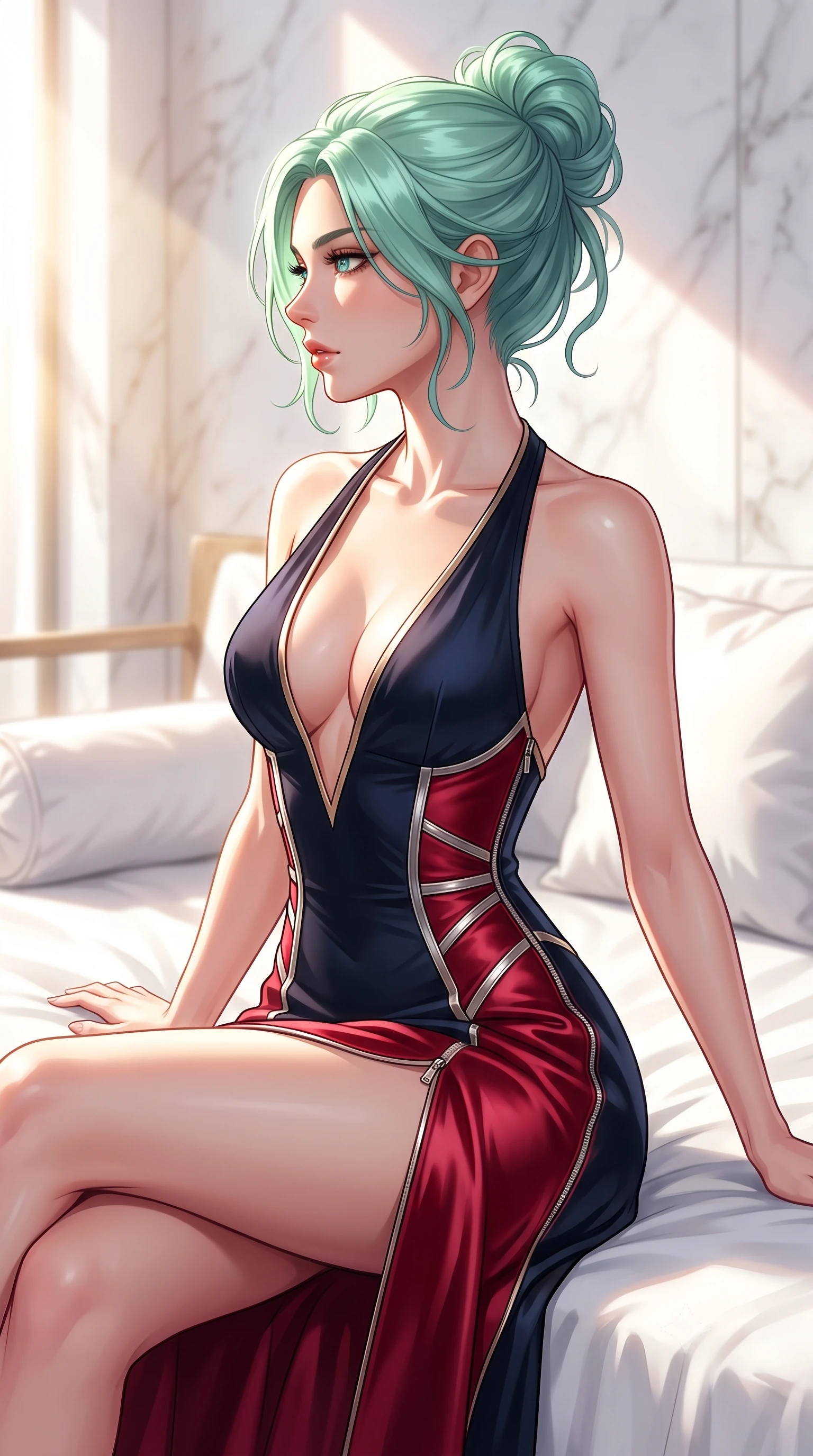 score_9, masterpiece, best quality, ultra-detailed, high-budget anime keyframe, editorial fashion photography, tasteful artistic composition, Japanese woman. close-up cowboy shot from the waist and thighs up, the character dominates the composition, filling the frame with her large presence, background elements kept in soft focus. Turning her face in sharp dramatic profile against the key light, lounging on a white linen daybed as warm afternoon sunbeams flood the room, bright airy white marble backdrop creating high-contrast visual purity. She has an exceptionally elegant, slender, and willowy female figure with an ultra-slim waist, a gracefully sculpted slender torso, and a refined silhouette. sharp v-shaped jawline, high-bridge nose, intricate jewel-like eyes with depth, thick eyelashes, glossy lips with a natural sheen. wearing deep plunging V-neckline midnight gown with daring high thigh slit in champagne gold, made of soft crimson satin, finished with metallic silver boning and sleek zipper points, contouring every curve with an exceptionally elegant silhouette. surrounded by a radiant sun-drenched ambiance with brilliant white highlights. highly saturated vibrant anime colors, detailed shading with soft gradients, rich glossy textures, high-contrast stereoscopic depth, volumetric dynamic lighting, master piece, 9:16 ratio