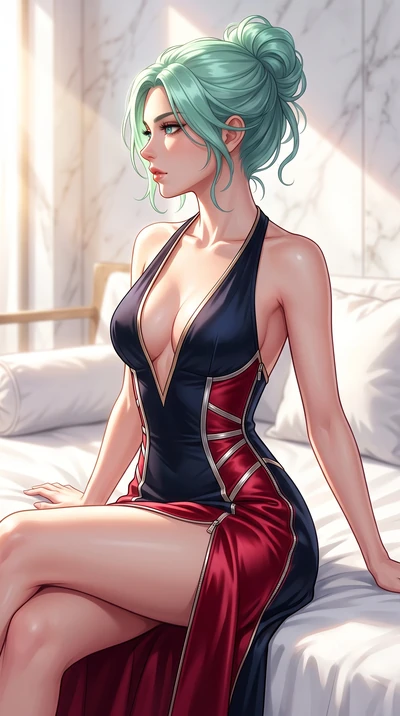 score_9, masterpiece, best quality, ultra-detailed, high-budget anime keyframe, editorial fashion photography, tasteful artistic composition, Japanese woman. close-up cowboy shot from the waist and thighs up, the character dominates the composition, 