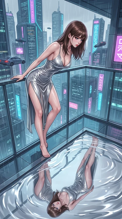 score_9, masterpiece, best quality, ultra-detailed, High-budget Anime Keyframe, East Asian woman. Dynamic full-body shot stretching the vertical silhouette to the limit. Scenario 280: gazing at her reflection in a pool of liquid silver in a minimalis