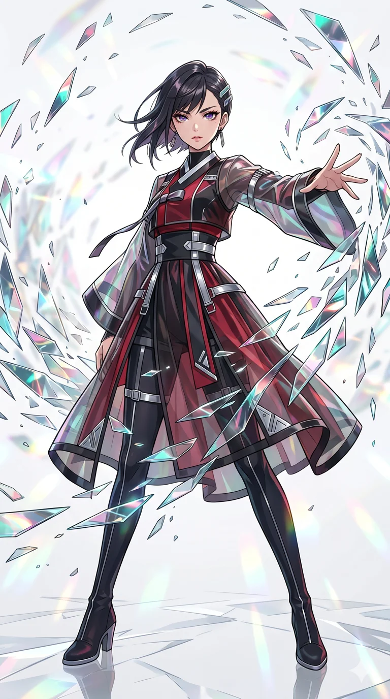score_9, masterpiece, best quality, ultra-detailed, High-budget Anime Keyframe, beautiful Japanese anime girl. Low angle cowboy shot filling the entire 9:16 frame with her statuesque presence. Controlling a swirling storm of thousands of sharp mirror fragments that reflect different colors and lights. She has an absolutely perfect 8-heads proportion, an exceptionally tall and slender female figure with impossibly long slender legs and an ultra-slim waist. Sharp v-shaped jawline, high-bridge nose, intricate jewel-like eyes with depth, thick eyelashes, glossy lips with a natural sheen. Wearing a Modern Traditional outfit: fusion tech-hanbok with transparent panels and metallic silver straps. Background is a white void filled with prismatic light and a vortex of glass shards. 2k, ultra detail, master piece, 9:16 ratio