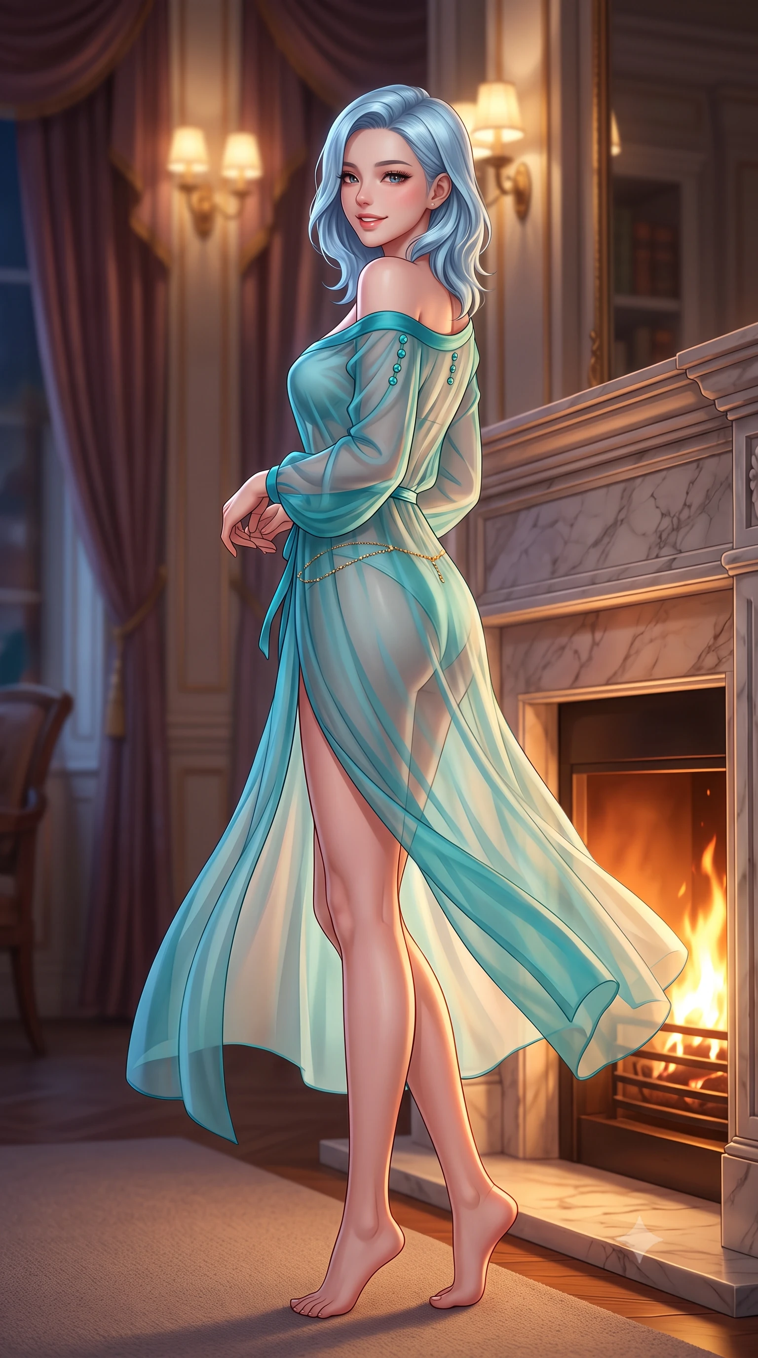 score_9, masterpiece, best quality, ultra-detailed, high-budget anime keyframe, semi-realistic 3D game render, editorial fashion photography, tasteful artistic composition, Korean woman. low angle full-body shot from head to toe showing her feet, filling the entire 9:16 vertical frame with her statuesque presence, stretching her vertical silhouette. executing a slow, graceful pivot turn as her skirt sways around her slender legs, glancing back with an enchanting, teasing sensual expression while twisting her slender torso in an alluring S-curve beside the marble mantelpiece, warm hearth light caressing her flat midriff and feminine hips. The background shows a soft-focus flowing velvet portieres softened in gentlemen's club heritage shallow focus. She has an exceptionally tall and slender model-like 8.5-heads proportion, an ultra-slim waist, a flat toned midriff, narrow delicate ribcage, and beautifully sculpted feminine hips creating a graceful, slim hourglass silhouette without any bulky heaviness, with impossibly long slender legs. sharp v-shaped jawline, high-bridge nose, intricate jewel-like sparkling eyes with depth, thick eyelashes, glossy parted lips with a natural peach sheen, bright cheerful beaming smile with an enchanting and coquettish sensual glint, exuding both youthful cute charm and seductive allure, flawlessly proportioned anatomical accuracy, strict slender model proportions, natural body alignment, perfectly sculpted long slender limbs, ultra-slim waistline, clean dynamic posture without body distortion. wearing an alluring semi-sheer silk chiffon boudoir peignoir slipping off bare shoulders with delicate jade button accents in Mediterranean bioluminescent teal and radiant pearl, made of sheer gossamer chiffon that drapes softly against skin with airy translucence, accented with a dainty gold belly chain resting across her flat midriff and curving hips, the high-slit wrap tailoring accentuating her ultra-slim waistline and the enchanting curve of her feminine hips with alluring seductive charm. bathed in the rich chiaroscuro glow of natural hearth firelight and warm library picture sconces. highly saturated vibrant anime colors, detailed shading with soft gradients, rich glossy textures, high-contrast stereoscopic depth, volumetric dynamic lighting, master piece, 9:16 ratio