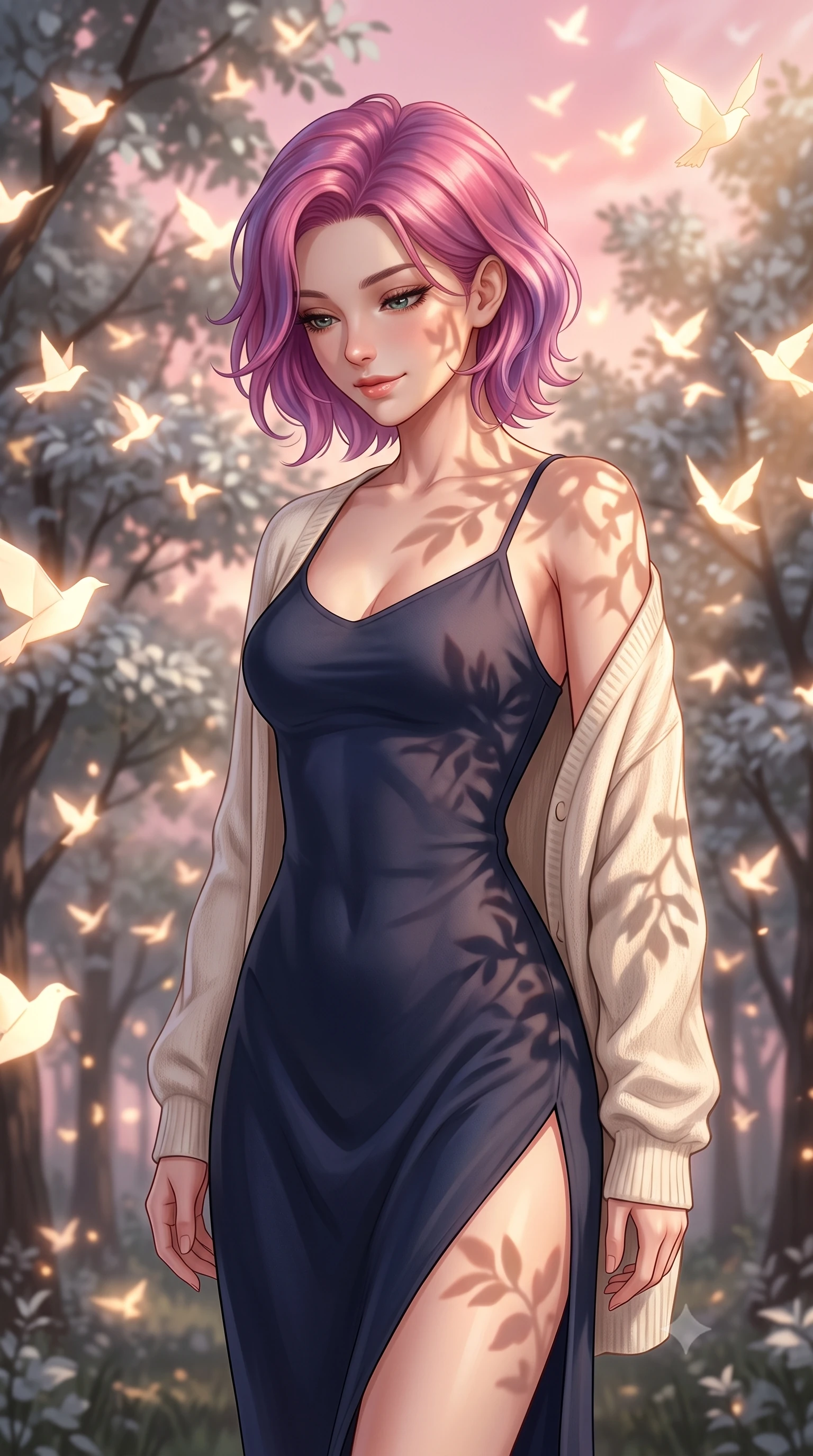score_9, masterpiece, best quality, ultra-detailed, high-budget anime keyframe, editorial fashion photography, tasteful artistic composition, Caucasian woman, strictly human ears. close-up cowboy shot from the waist and thighs up, the character dominates the composition, filling the frame with her large presence, background elements kept in soft focus. Looking down with a gentle, thoughtful smile full of quiet warmth. set against a soft-focus background of in a forest clearing filled with silver-leaf trees where thousands of glowing paper birds nest and take flight into a pink evening sky. She has an exceptionally elegant, slender, and willowy female figure with a highly-defined ultra-slim waist, a gracefully sculpted slender torso, and a refined slim-fit silhouette that contours her form. sharp v-shaped jawline, high-bridge nose, intricate jewel-like eyes with depth, thick eyelashes, glossy lips with a natural sheen. wearing a deep navy slip dress with a high side thigh slit, layered under a soft cream knit cardigan. warm golden afternoon sunbeams casting soft organic leaf shadows across her skin. 2k, ultra detail, master piece, 9:16 ratio