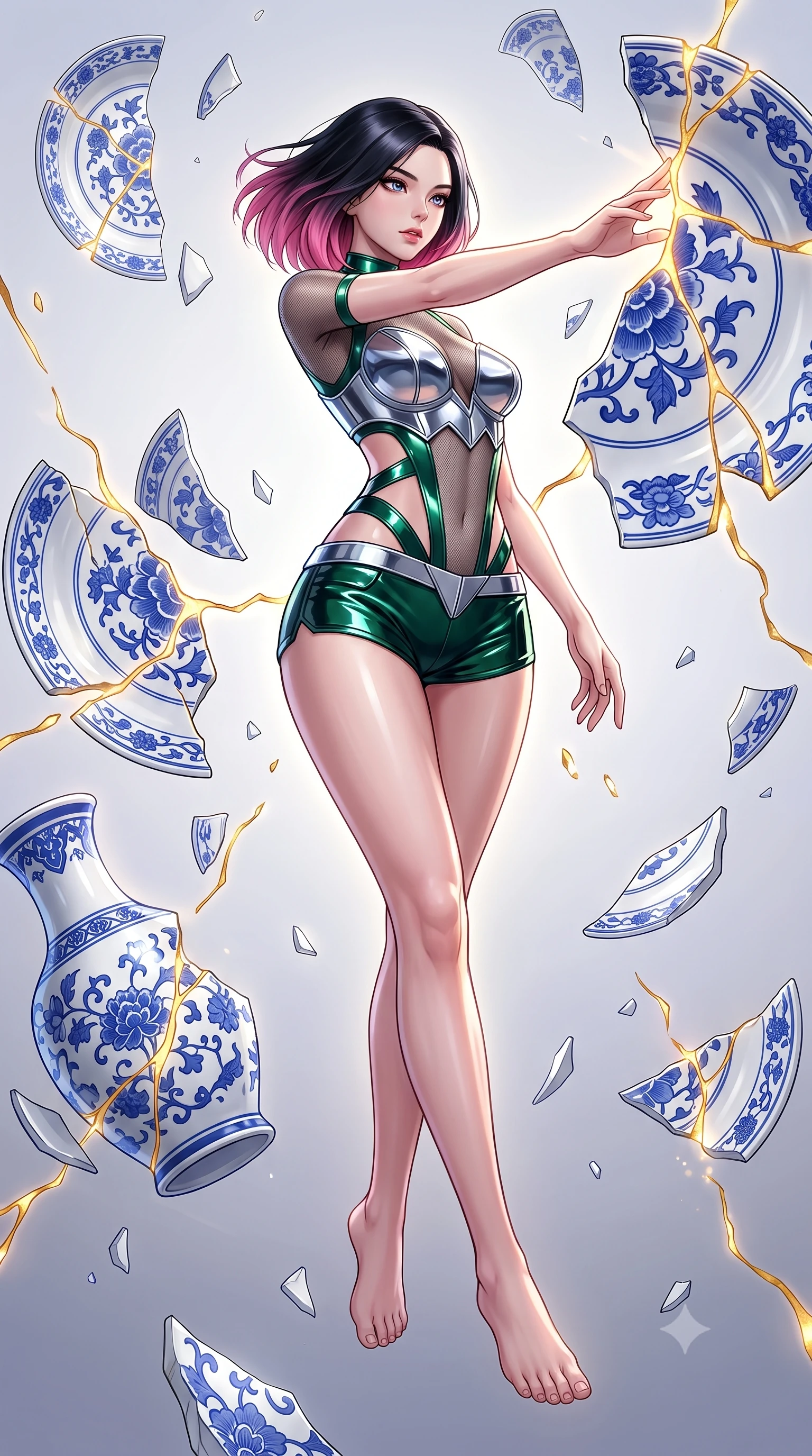 score_9, masterpiece, best quality, ultra-detailed, high-budget anime keyframe, editorial fashion photography, tasteful artistic composition, Korean woman. low angle full-body shot from head to toe showing her feet, filling the entire 9:16 vertical frame with her statuesque presence, stretching her vertical silhouette. pivoting dynamically in zero-gravity with fluid body alignment, displaying her perfect model proportions while reaching her arm forward to touch a glowing gold kintsugi seam uniting broken ceramic plates, intricate cobalt blue floral patterns on floating white ceramic vase shards. She has an absolutely perfect, statuesque 8.5-heads proportion, an exceptionally tall and slender model-like female figure with impossibly long slender legs and an ultra-slim waist. sharp v-shaped jawline, high-bridge nose, intricate jewel-like eyes with depth, thick eyelashes, glossy lips with a natural sheen, flawlessly proportioned anatomical accuracy, natural body alignment, perfectly sculpted elegant limbs, clean dynamic posture without body distortion. wearing a chrome-plated structured bodice worn over a sheer mesh top and micro-shorts in deep emerald green and silver accent, tailored from high-gloss patent leather, featuring clean architectural cutouts along her slender torso, the form-contouring material highlighting her ultra-slim waist and long lines. surrounded by a majestic inner radiance highlighting glossy white porcelain. highly saturated vibrant anime colors, detailed shading with soft gradients, rich glossy textures, high-contrast stereoscopic depth, volumetric dynamic lighting, master piece, 9:16 ratio