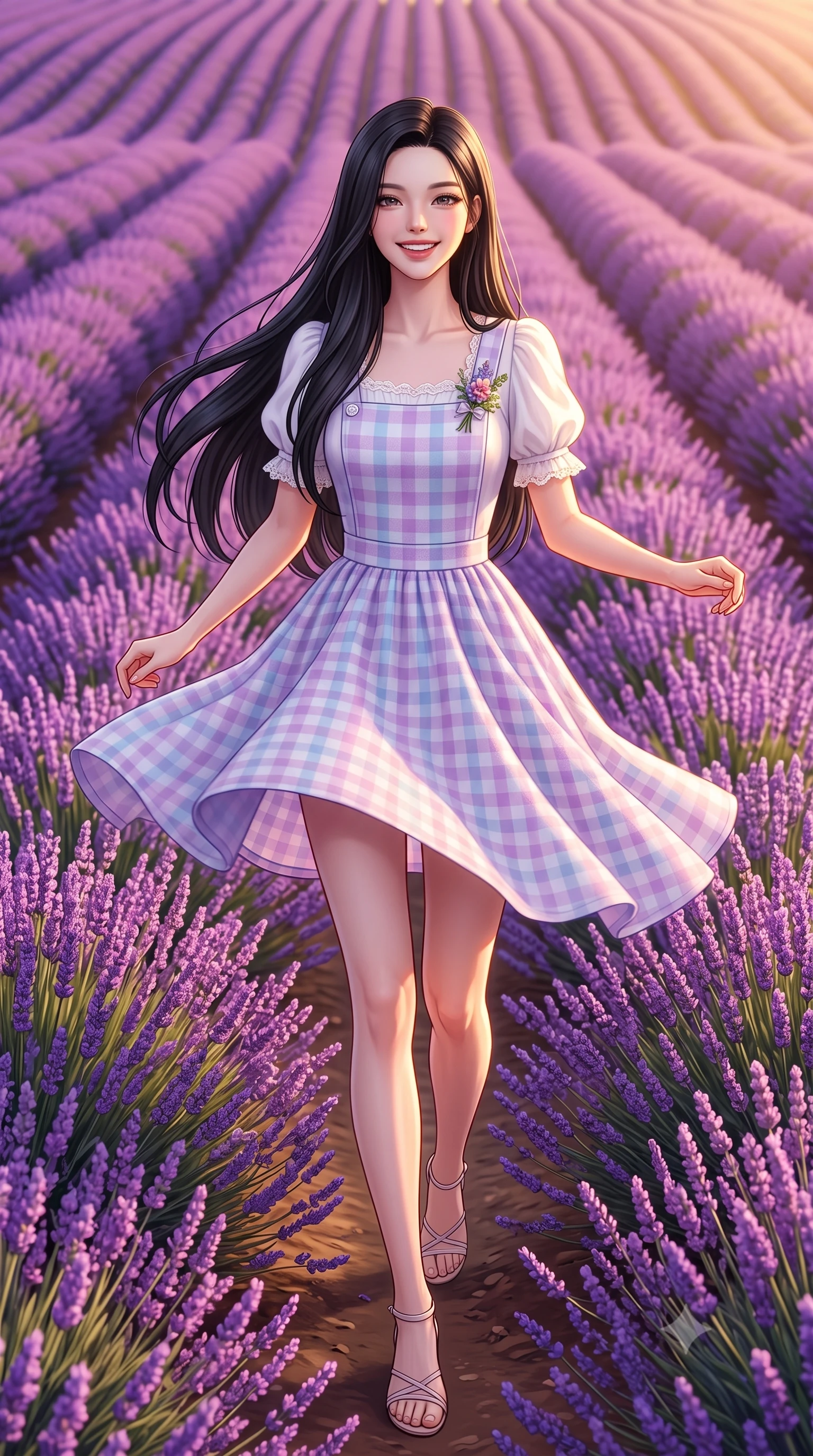 score_9, masterpiece, best quality, ultra-detailed, high-budget anime keyframe, semi-realistic 3D game render, editorial fashion photography, tasteful artistic composition, Korean woman. low angle full-body shot from head to toe showing her feet, filling the entire 9:16 vertical frame with her statuesque presence, stretching her vertical silhouette. performing a cheerful mid-motion turn with effortless poise, her skirt fluttering softly as she smiles into the camera while running playfully through endless rolling rows of violet lavender under a warm golden Mediterranean sun. The surrounding environment is rendered in vivid detail and crisp panoramic clarity. rich color saturation of violet flora and golden Mediterranean sunlight captured with sharpness. She has an absolutely perfect, statuesque 8.5-heads proportion, an exceptionally tall and slender model-like female figure with impossibly long slender legs, a toned flat midriff, and an ultra-slim waist. sharp v-shaped jawline, high-bridge nose, intricate jewel-like eyes with depth, thick eyelashes, glossy lips with a natural sheen, pure and lovely fresh girlhood expression, flawlessly proportioned anatomical accuracy, strict slender model proportions, natural body alignment, perfectly sculpted long slender limbs, ultra-slim waistline, clean dynamic posture without body distortion. wearing a charming pastel gingham pinafore dress layered over a soft white puff-sleeve blouse in soft pastel lavender and delicate sky blue, knitted from ultra-soft cozy baby-cashmere yarn, complemented by a delicate wildflower corsage pinned to the lapel, the chic real-way fashion cut emphasizing her effortless charm, flat midriff, and slender model proportions. surrounded by a romantic, sweet, and wonderfully heartwarming cottagecore girlhood aura. highly saturated vibrant anime colors, detailed shading with soft gradients, rich glossy textures, high-contrast stereoscopic depth, volumetric dynamic lighting, master piece, 9:16 ratio