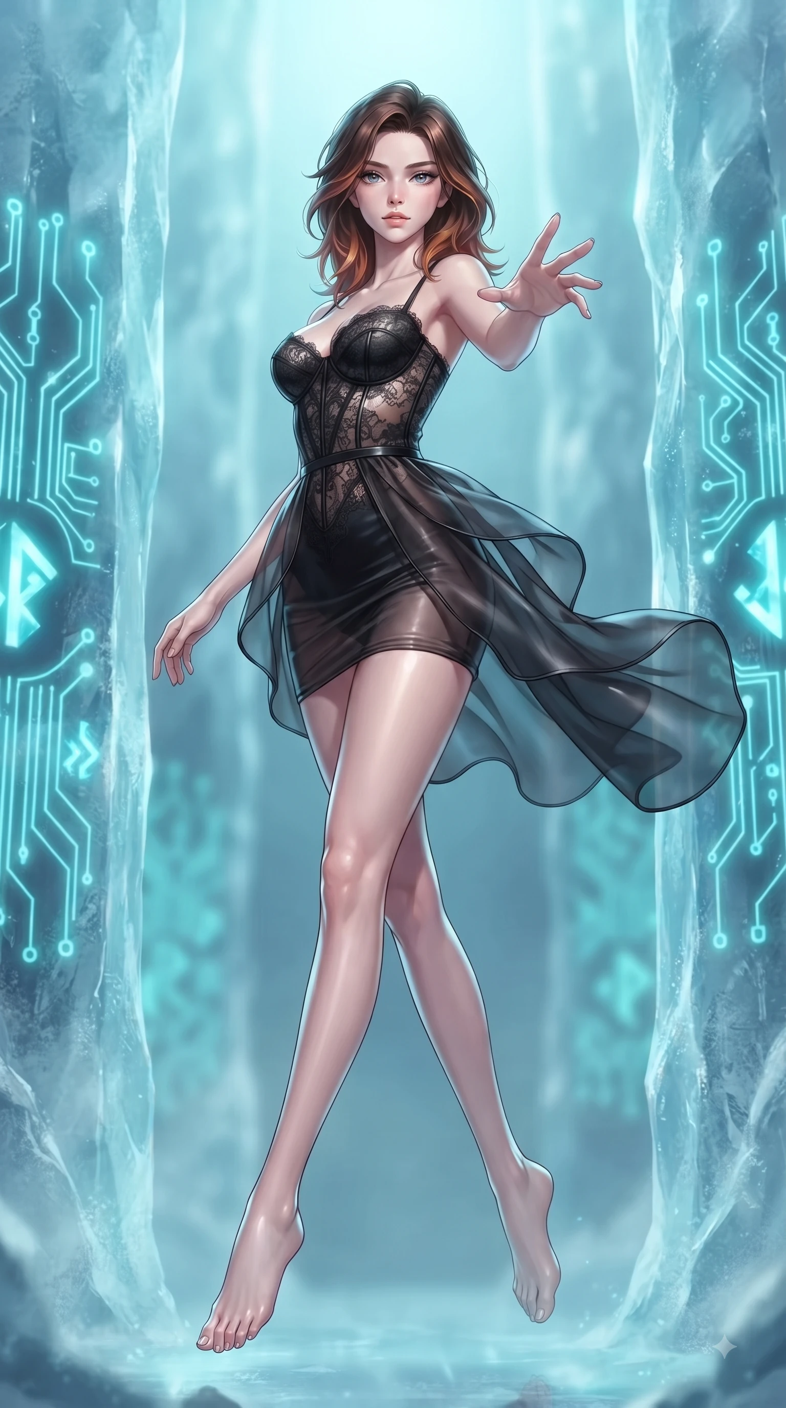 score_9, masterpiece, best quality, ultra-detailed, high-budget anime keyframe, editorial fashion photography, tasteful artistic composition, Korean woman woman. low angle full-body shot from head to toe showing her feet, filling the entire 9:16 vertical frame with her statuesque presence, stretching her vertical silhouette. She has an absolutely perfect, statuesque 8.5-heads proportion, an exceptionally tall and slender model-like female figure with impossibly long slender legs and an ultra-slim waist. floating dynamically in zero-gravity with flawless poise, reaching her hand forward gracefully, flawlessly proportioned anatomical accuracy, natural body alignment, perfectly sculpted elegant limbs, clean dynamic posture without body distortion. set against a soft-focus background of frozen ice columns embedded with pulsing neon circuit boards. wearing a fine black lace corset dress with sheer organza drapes revealing a sculpted waistline. bathed in glowing cyan light radiating from sub-zero circuit runes with cool ambient backdrops. ultra-reflective glossy finish, specular highlights, metallic sheen, high-contrast stereoscopic depth, volumetric dynamic lighting, 2k, ultra detail, master piece, 9:16 ratio