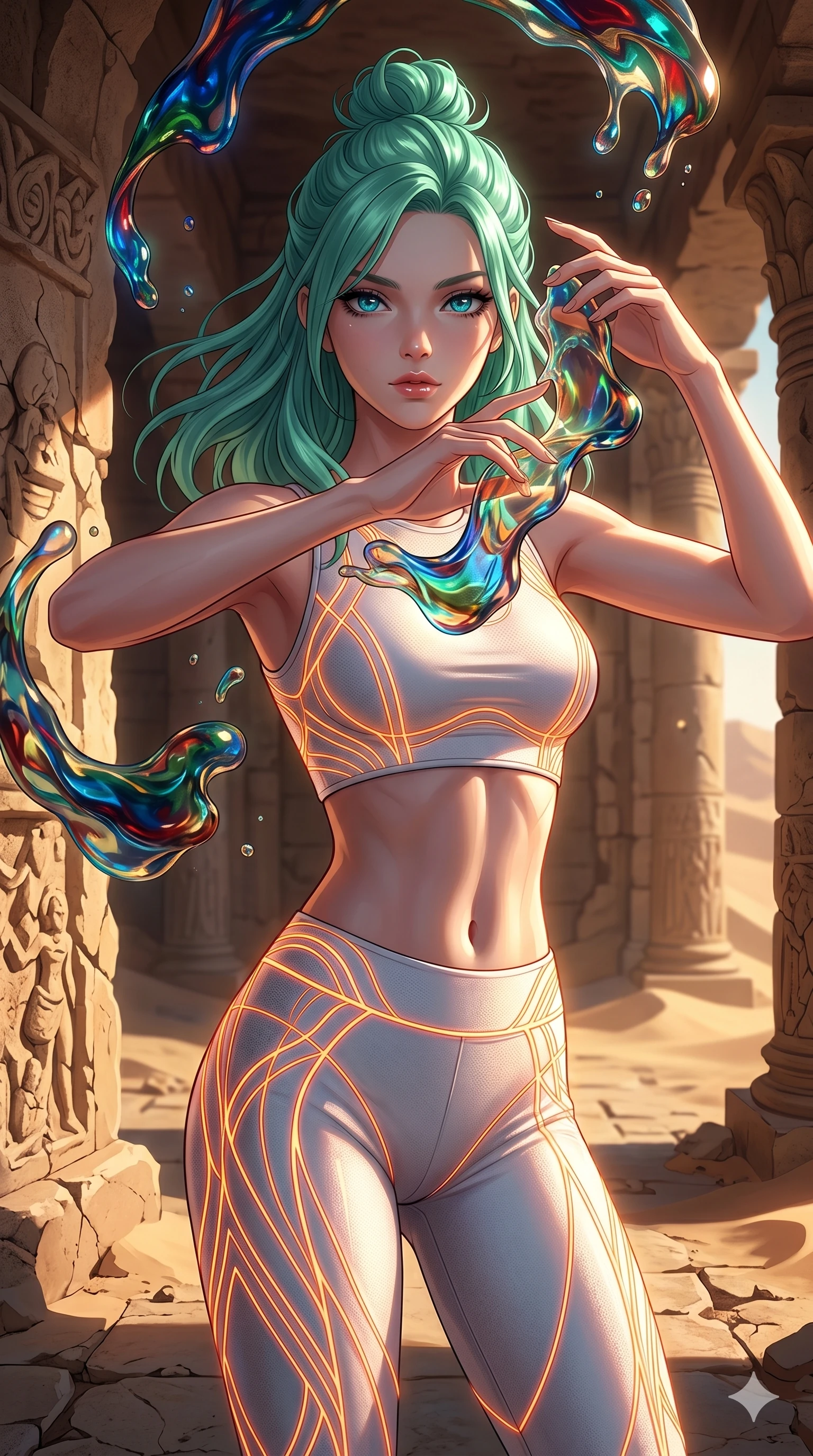 score_9, masterpiece, best quality, ultra-detailed, high-budget anime keyframe, Korean woman. upper body close-up from the thighs up, character filling the screen for maximum presence. interacting with liquid stained-glass that melts and swirls in mid-air inside a crumbling desert ruin, the fluid jewelry floating in suspension. She has an absolutely perfect 8-heads proportion, an exceptionally tall and slender female figure with impossibly long slender legs and an ultra-slim waist. V-shaped jawline, high-bridge nose, intricate jewel-like eyes with depth, thick eyelashes, glossy lips with a natural sheen.. wearing a neon filament athleisure set, featuring a tight white crop top and matching leggings woven with glowing orange neon filaments, highlighting her slender body contour. lit by a soft glowing ambient light and a sharp side key light that traces the sleek contours of her athletic build. 2k, ultra detail, master piece, 9:16 ratio