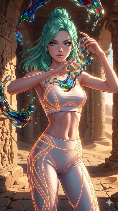 score_9, masterpiece, best quality, ultra-detailed, high-budget anime keyframe, Korean woman. upper body close-up from the thighs up, character filling the screen for maximum presence. interacting with liquid stained-glass that melts and swirls in mi