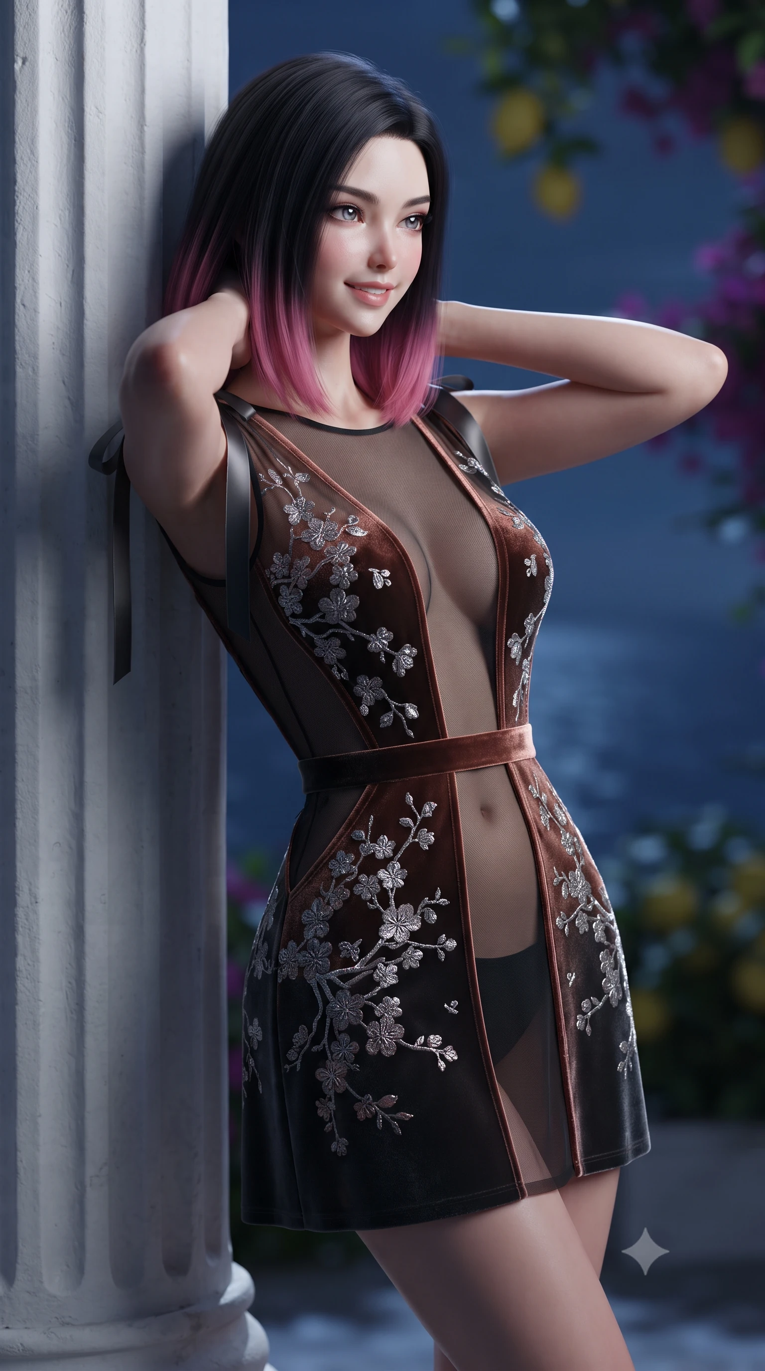 score_9, masterpiece, best quality, ultra-detailed, high-budget anime keyframe, editorial fashion photography, tasteful artistic composition, Korean woman. close-up cowboy shot from the waist and thighs up, the character dominates the composition, filling the frame with her large presence. resting both hands lightly behind her neck with elbows raised, arching her spine to highlight her narrow waist, flat midriff, and breathtaking collarbones while leaning against the classical whitewashed Doric column with hips cocked back, casting an intoxicating smoldering bedroom-gaze over the midnight sea. The background shows a soft-focus lemon foliage and magenta bougainvillea softened in legendary Capri nocturnal romance shallow focus. She has an exceptionally elegant, slender, and willowy female figure with an ultra-slim waist, flat toned midriff, narrow ribcage, and sculpted feminine hips creating an alluring, slim hourglass silhouette without bulk. sharp v-shaped jawline, high-bridge nose, intricate jewel-like sparkling eyes with depth, thick eyelashes, glossy parted lips with a natural peach sheen, bright cheerful beaming smile with an enchanting and coquettish sensual glint, exuding both youthful cute charm and seductive allure, flawlessly proportioned anatomical accuracy, strict slender model proportions, natural body alignment, perfectly sculpted long slender limbs, ultra-slim waistline, clean dynamic posture without body distortion. wearing a provocative sheer noir illusion mesh kimono dress with embroidered silver cherry blossom motifs framing her curves in sultry copper rose and deep shadow charcoal, tailored from ultra-plush silk velvet with rich tactile depth and deep shadow gradients, finished with satin ribbon ties at the shoulders fluttering in the gentle breeze, the form-contouring silhouette accentuating her sculpted flat midriff, narrow delicate ribcage, and gracefully curvy hips with intoxicating allure. illuminated by sea reflection bounce and sharp silver-gold rim lights sculpting her jawline, narrow waist, and curvy hips. ultra-reflective glossy finish, specular highlights, rich textural contrasts, high-contrast stereoscopic depth, volumetric dynamic lighting, 2k, ultra detail, master piece, 9:16 ratio