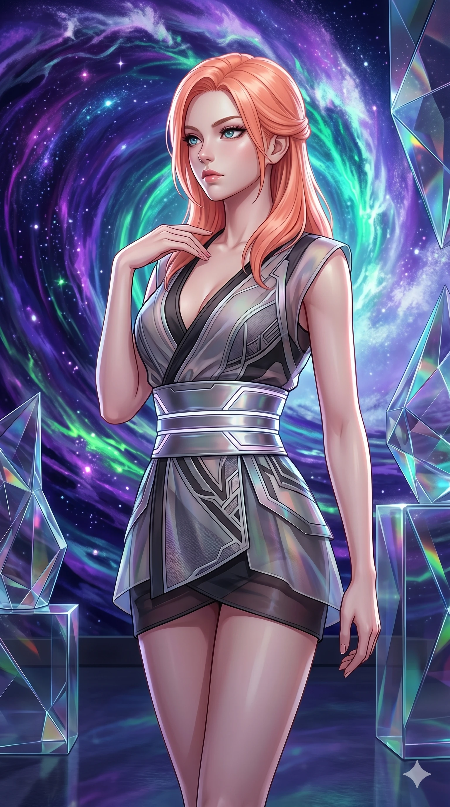 score_9, masterpiece, best quality, ultra-detailed, high-budget anime keyframe, semi-realistic 3D game render, Japanese woman. Upper body close-up from the thighs up, character filling the screen for maximum presence. She is standing in front of a giant digital painting of a cosmic wave, with abstract glass sculptures around. She poses elegantly, glancing sideways with a piercing gaze. She has an absolutely perfect 8-heads proportion, an exceptionally tall and slender female figure with impossibly long slender legs and an ultra-slim waist. V-shaped jawline, high-bridge nose, intricate jewel-like eyes with depth, thick eyelashes, glossy lips with a natural sheen. She is wearing a shortened cyber-fusion wrap top with transparent chiffon panels, a deep crossover neckline, and a high-waisted metallic sash that accentuates her ultra-slim waist. The scene is bathed in vibrant projections from the digital painting and a sharp white side key light. 2k, ultra detail, master piece, 9:16 ratio