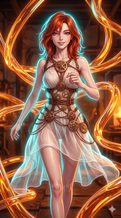 score_9, masterpiece, best quality, ultra-detailed, high-budget anime keyframe, Japanese woman. upper body close-up from the thighs up, character filling the screen for maximum presence. bounding through a molten glass art studio where twisting, glow