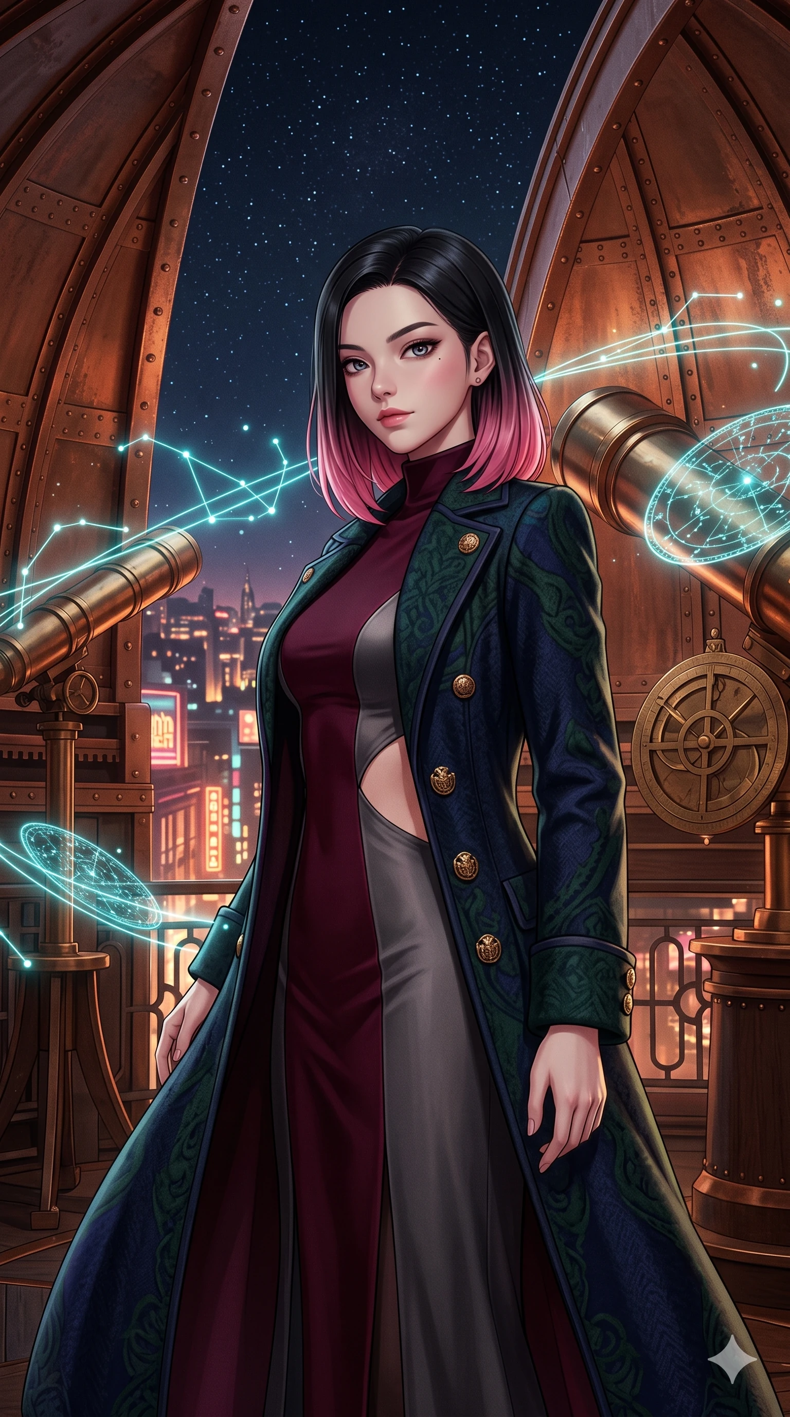 score_9, masterpiece, best quality, ultra-detailed, high-budget anime keyframe, semi-realistic 3D game render, editorial fashion photography, tasteful artistic composition, Korean woman. close-up cowboy shot from the waist and thighs up, the character dominates the composition, filling the frame with her large presence. twisting her slender torso in a deep contrapposto stance, hips dramatically shifted to accentuate her feminine curves while looking past her shoulder with smoldering bedroom-eyes while standing poised beneath the opened copper observatory dome, arching her spine with sovereign glamour as glowing holographic constellation threads spin around her. The surrounding environment is rendered in vivid detail and crisp panoramic clarity: detailed peplum corset gown tailoring, side-waist diamond cutouts, and opulent Art Deco astronomical interior in razor-sharp precision. She has an exceptionally elegant, slender, and willowy female figure with an ultra-slim waist, flat toned midriff, narrow ribcage, and sculpted feminine hips creating an alluring, slim hourglass silhouette without bulk. sharp v-shaped jawline, high-bridge nose, intricate jewel-like sparkling eyes with depth, thick eyelashes, glossy parted lips with a natural sheen, intensely captivating and seductive bedroom-eyes expression, exuding both youthful cute charm and sovereign luxury allure, flawlessly proportioned anatomical accuracy, strict slender model proportions, natural body alignment, perfectly sculpted long slender limbs, ultra-slim waistline, clean dynamic posture without body distortion. wearing a structured Belle Époque cashmere opera greatcoat with polished brass crest buttons layered over a high-neck slip in deep wine burgundy and brushed dark platinum, woven from high-density tech-wool with subtle metallic thread weave, complemented by strappy stiletto sandals with metallic ankle wraps accentuating her slender calves, the impeccably tailored cut draping gracefully along her slender figure with aristocratic poise. bathed in the ethereal, glowing cyan starlight of the holographic constellation loom combined with warm ambient city neon through the dome opening. highly saturated vibrant anime colors, detailed shading with soft gradients, rich glossy textures, high-contrast stereoscopic depth, volumetric dynamic lighting, master piece, 9:16 ratio