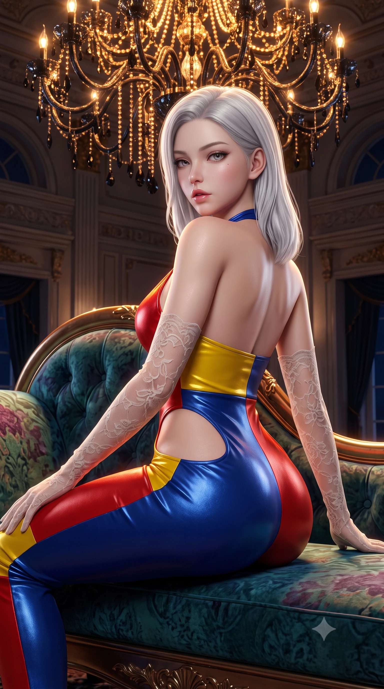 score_9, masterpiece, best quality, ultra-detailed, high-budget anime keyframe, semi-realistic 3D game render, editorial fashion photography, tasteful artistic composition, Korean woman. close-up cowboy shot from the waist and thighs up, the character dominates the composition, filling the frame with her large presence. posing in an alluring rear three-quarter angle, looking over a bare shoulder with parted glossy lips, her hips cocked back to highlight her slim hourglass curve while lounging across an ornate velvet-upholstered chaise lounge, her long slender legs and hourglass silhouette commanding the nocturnal hall. The surrounding environment is rendered in vivid detail and crisp panoramic clarity: detailed satin slip gown drape, diamond choker shine, and palatial ballroom architecture in high resolution. She has an exceptionally elegant, slender, and willowy female figure with an ultra-slim waist, flat toned midriff, narrow ribcage, and sculpted feminine hips creating an alluring, slim hourglass silhouette without bulk. sharp v-shaped jawline, high-bridge nose, sparkling eyes with hypnotic seductive depth, thick curled eyelashes, glossy parted lips with a natural dewy peach sheen, alluring bedroom-eyes with an enchanting coquettish smile, exuding magnetic siren charisma and sophisticated glamour, flawlessly proportioned anatomical accuracy, strict slender model proportions, natural body alignment, perfectly sculpted long slender limbs, ultra-slim waistline, clean dynamic posture without body distortion. wearing a liquid metallic lamé plunge halterneck jumpsuit clinging like a second skin with high-cut side hip cutouts in Mondrian primary red, canary yellow, and electric cobalt blue, woven from buttery-soft stretch lambskin leather adhering to her body like a second skin, complemented by sheer opera-length lace evening gloves tracing her slender arms, the liquid-tight tailored fabric clinging flawlessly to her narrow waist and rounded feminine hips, emphasizing every millimeter of her sculpted slim hourglass curves without any bulky heaviness. bathed in the glittering amber-and-gold brilliance of black-crystal chandelier candle bulbs. highly saturated vibrant anime colors, detailed shading with soft gradients, rich glossy textures, high-contrast stereoscopic depth, volumetric dynamic lighting, master piece, 9:16 ratio