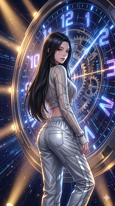 score_9, masterpiece, best quality, ultra-detailed, high-budget anime keyframe, Korean woman. Upper body close-up from the thighs up, character filling the screen for maximum presence. Inside a digital void, next to a giant glowing clock face, leanin
