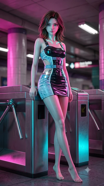 score_9, masterpiece, best quality, ultra-detailed, high-budget anime keyframe, semi-realistic 3D game render, editorial fashion photography, tasteful artistic composition, Korean woman. low angle full-body shot from head to toe showing her feet, fil
