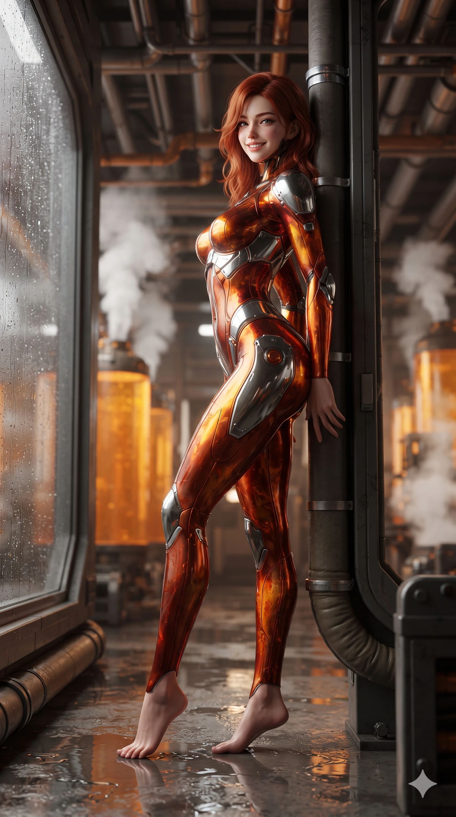 score_9, masterpiece, best quality, ultra-detailed, high-budget anime keyframe, editorial fashion photography, tasteful artistic composition, Korean woman. low angle full-body shot from head to toe showing her feet, filling the entire 9:16 vertical frame with her statuesque presence, stretching her vertical silhouette. posing in a classic haute-couture S-curve stance beside the panoramic viewport, looking over a bare shoulder with magnetic presence while leaning against a heavy insulated conduit casing with hips cocked back, casting an intoxicating bedroom-gaze through condensation droplets. The background shows a soft-focus towering amber coolant fluid cylinders, criss-crossing overhead piping networks, and venting white steam plumes blurred into amber, cream, and charcoal bokeh. She has an absolutely perfect, statuesque 8.5-heads proportion, an exceptionally tall and slender model-like female figure with impossibly long slender legs, an ultra-slim waist, a flat toned midriff, narrow delicate ribcage, and beautifully sculpted feminine hips creating a graceful, slim hourglass silhouette without any bulky heaviness. sharp v-shaped jawline, high-bridge nose, intricate jewel-like sparkling eyes with depth, thick eyelashes, glossy parted lips with a natural sheen, bright confident smile with an enchanting and coquettish sensual glint, exuding both youthful magnetic charm and sovereign high-tech allure, flawlessly proportioned anatomical accuracy, strict slender model proportions, natural body alignment, perfectly sculpted long slender limbs, ultra-slim waistline, clean dynamic posture without body distortion. wearing an ultra-sleek form-contouring thermal silicone composite catsuit adhering seamlessly like a second skin in fiery geothermal copper and molten amber glow, woven from buttery-soft stretch lambskin leather adhering to her body like a second skin, accented with strategically placed chrome armor plate guards covering key curves, the form-contouring cut accentuating her sculpted flat midriff, narrow delicate ribcage, and gracefully curvy hips with cybernetic supermodel precision. illuminated by floor puddle reflections and sharp amber-white rim lights carving her sculpted collarbones, ultra-slim waist, and curvy hips. ultra-reflective glossy finish, specular highlights, rich textural contrasts, high-contrast stereoscopic depth, volumetric dynamic lighting, 2k, ultra detail, master piece, 9:16 ratio