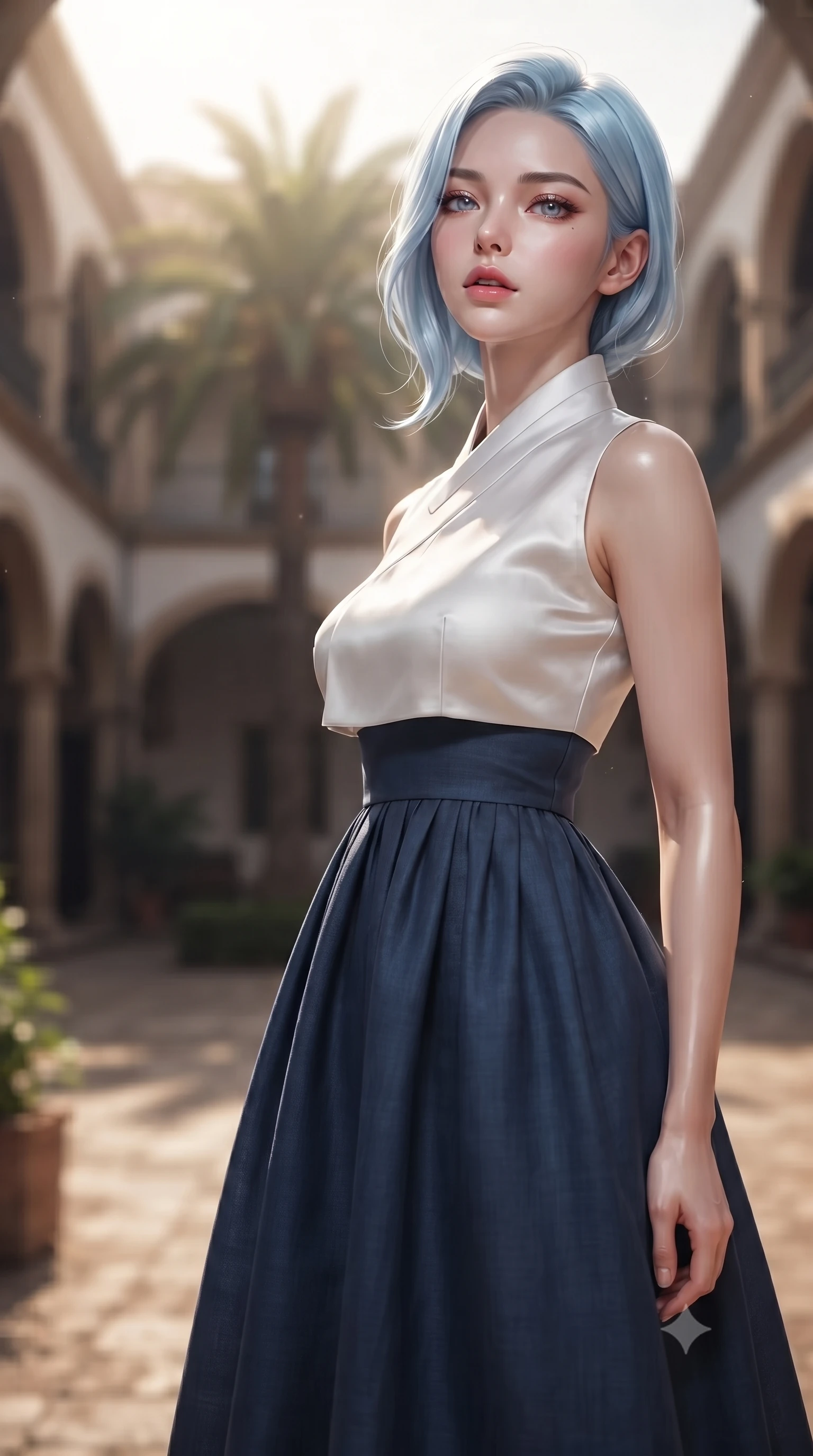 score_9, masterpiece, best quality, ultra-detailed, high-budget anime keyframe, editorial fashion photography, tasteful artistic composition, Korean woman woman. close-up cowboy shot from the waist and thighs up, the character dominates the composition, filling the frame with her large presence, background elements kept in soft focus. tilting her chin up slightly with lips parted in a composed, provocative expression the background shows a soft-focus a courtyard of an old Spanish hacienda with a large arched corridor and central palm tree. She has an exceptionally elegant, slender, and willowy female figure with an ultra-slim waist, a gracefully sculpted slender torso, and a refined silhouette. sharp v-shaped jawline, high-bridge nose, intricate jewel-like eyes with depth, thick eyelashes, glossy lips with a natural sheen. wearing a form-contouring modern fusion hanbok dress with a navy blue linen skirt and a high-neck white silk jeogori. warm afternoon sunbeams creating a peaceful, historical atmosphere. ultra-reflective glossy finish, specular highlights, metallic sheen, high-contrast stereoscopic depth, volumetric dynamic lighting, 2k, ultra detail, master piece, 9:16 ratio