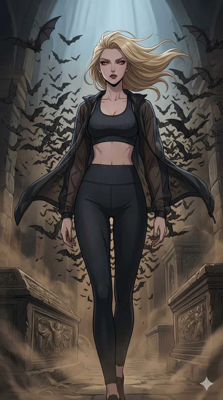 score_9, masterpiece, best quality, ultra-detailed, High-budget Anime Keyframe, beautiful Caucasian anime girl (strictly human ears). Low angle cowboy shot filling the entire 9:16 frame with her statuesque presence. Commanding a tidal wave of bats to emerge from an ancient tomb, her eyes glowing with vampiric hunger. She has an absolutely perfect 8-heads proportion, an exceptionally tall and slender female figure with impossibly long slender legs and an ultra-slim waist. Sharp v-shaped jawline, high-bridge nose, intricate jewel-like eyes with depth, thick eyelashes, glossy lips with a natural sheen. Wearing a Premium Athleisure outfit: ribbed sports bra and leggings set with a sheer black windbreaker. Background is a dusty sepulcher with stone coffins and thousands of flying bats. 2k, ultra detail, master piece, 9:16 ratio