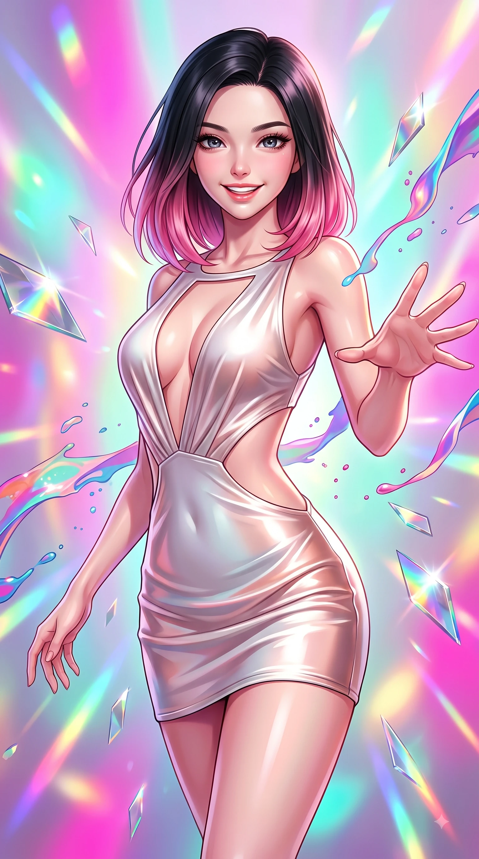 score_9, masterpiece, best quality, ultra-detailed, high-budget anime keyframe, editorial fashion photography, tasteful artistic composition, Korean woman. close-up cowboy shot from the waist and thighs up, the character dominates the composition, filling the frame with her large presence, background elements kept in soft focus. Gazing directly into the camera with a joyful, infectious smile as her torso curves dynamically in mid-stride while reaching her hand forward with a cheerful smile as shattered mirror prisms scatter rainbow beams, vibrant ribbons of opal paint and color splashes frozen in mid-air around her figure. She has an exceptionally elegant, slender, and willowy female figure with an ultra-slim waist, a gracefully sculpted slender torso, and a refined silhouette. sharp v-shaped jawline, high-bridge nose, intricate jewel-like eyes with depth, thick eyelashes, glossy lips with a natural sheen, flawlessly proportioned anatomical accuracy, natural body alignment, perfectly sculpted elegant limbs, clean dynamic posture without body distortion. wearing a liquid mercury gloss mini dress with ultra-deep V-neck and waist cutouts in pearl white and rose gold, crafted from lustrous satin jersey with fluid draping, accented with a Tasteful chest slit framing her clavicle gracefully, the elegant draped fit framing her graceful clavicle and slender torso. surrounded by a radiant glow of magenta, aqua, and golden fluid highlights. highly saturated vibrant anime colors, detailed shading with soft gradients, rich glossy textures, high-contrast stereoscopic depth, volumetric dynamic lighting, master piece, 9:16 ratio