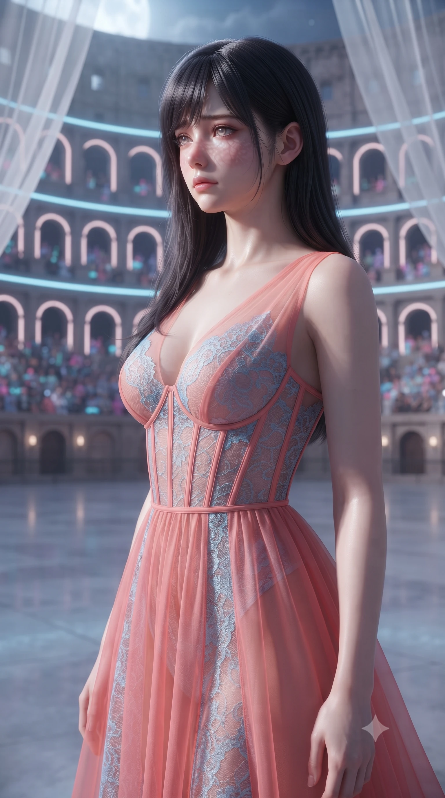 score_9, masterpiece, best quality, ultra-detailed, high-budget anime keyframe, editorial fashion photography, tasteful artistic composition, Caucasian woman, strictly human ears. close-up cowboy shot from the waist and thighs up, the character dominates the composition, filling the frame with her large presence, background elements kept in soft focus. Gazing into the distance with a wistful melancholic expression and softly glowing eyes. set against a soft-focus background of the Roman Colosseum reimagined as a futuristic entertainment arena with holographic spectators filling the ancient stone tiers neon light strips tracing every arch and the arena floor a smooth reflective surface. She has an exceptionally elegant and slender, willowy female figure with an ultra-slim waist, a gracefully sculpted slender torso, and a refined slim physique. sharp v-shaped jawline, high-bridge nose, intricate jewel-like eyes with depth, thick eyelashes, glossy lips with a natural sheen. wearing an ultra-sheer silk gown in coral pink, with sky-blue lace insets and visible structured boning throughout the bodice. cold silver moonlight filtered through translucent gossamer curtains casting delicate shadows. 2k, ultra detail, master piece, 9:16 ratio