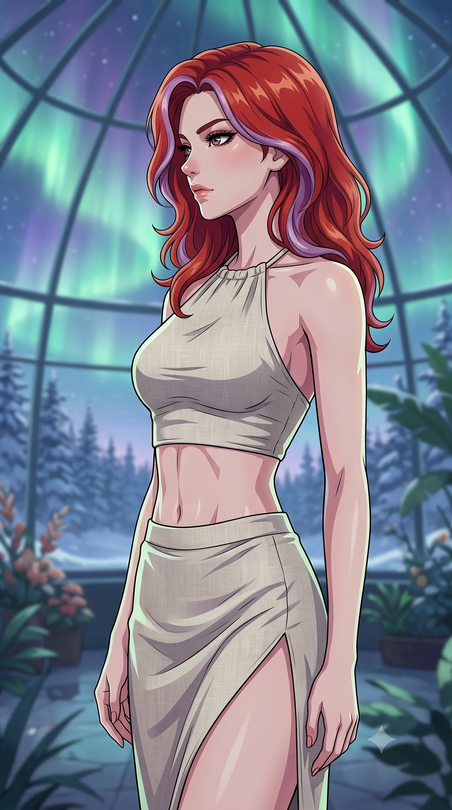 score_9, masterpiece, best quality, ultra-detailed, high-budget anime keyframe, tasteful artistic composition, Caucasian woman. close-up cowboy shot from the waist and thighs up, the character dominates the composition, filling the frame with her large presence, background elements kept in soft focus. turning her face in sharp profile, casting a cold, mysterious, yet intensely alluring side gaze, the background shows a soft-focus a glass dome botanical garden facing snowy pine woods during aurora borealis. She has an exceptionally elegant, slender, and willowy female figure with an ultra-slim waist, a gracefully sculpted slender torso, and a refined silhouette. sharp v-shaped jawline, high-bridge nose, intricate jewel-like eyes with depth, thick eyelashes, glossy lips with a natural sheen. wearing a form-contouring linen halter-neck crop top paired with a matching high-slit midi skirt, revealing a sculpted midriff. soft green and violet aurora polaris curtains wrapping the dome in a celestial glow. highly saturated vibrant anime colors, cel-shading, 2d style, master piece, 9:16 ratio