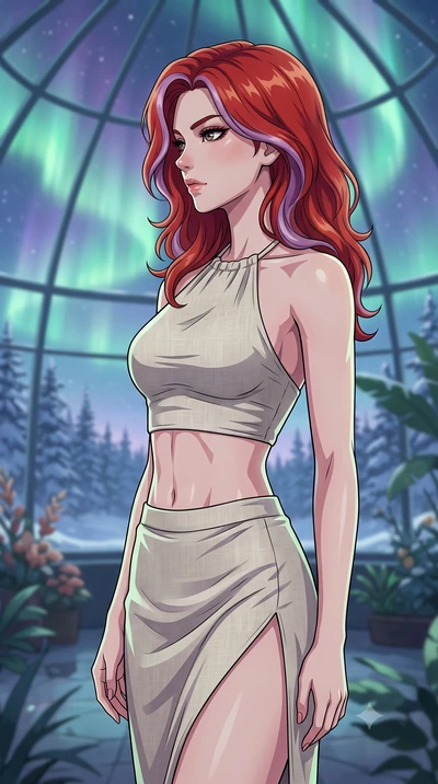 score_9, masterpiece, best quality, ultra-detailed, high-budget anime keyframe, tasteful artistic composition, Caucasian woman. close-up cowboy shot from the waist and thighs up, the character dominates the composition, filling the frame with her lar
