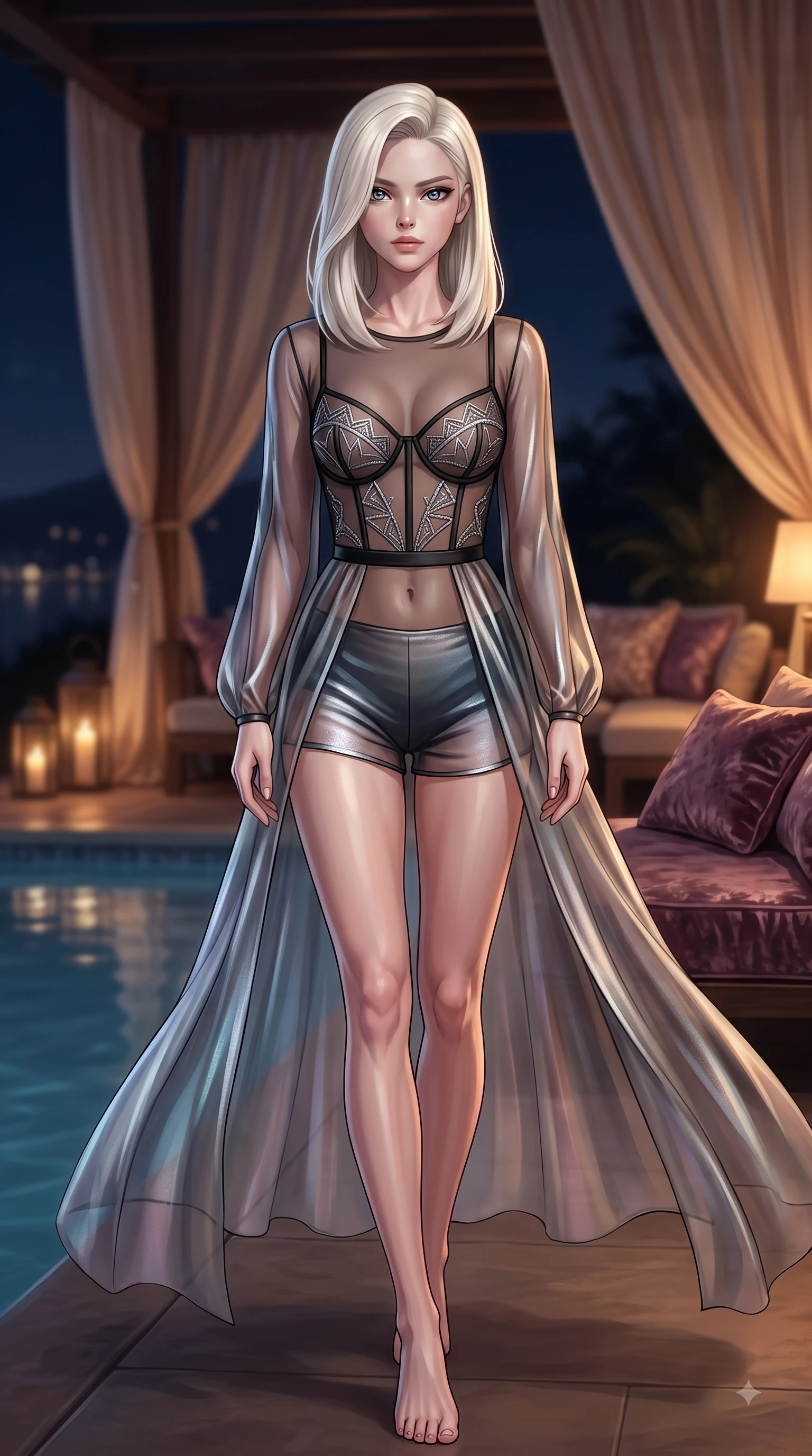 score_9, masterpiece, best quality, ultra-detailed, high-budget anime keyframe, editorial fashion photography, tasteful artistic composition, Caucasian woman. close-up cowboy shot from the waist and thighs up, the character dominates the composition, filling the frame with her large presence, background elements kept in soft focus. Gazing past the lens with smoldering intensity as her torso curves dynamically in mid-stride while stepping along a private pool terrace as gentle night breezes flutter her translucent gossamer gown, crushed velvet sheets and silk drapery catching warm amber ambient lamp highlights. She has an exceptionally elegant, slender, and willowy female figure with an ultra-slim waist, a gracefully sculpted slender torso, and a refined silhouette. sharp v-shaped jawline, high-bridge nose, intricate jewel-like eyes with depth, thick eyelashes, glossy lips with a natural sheen, flawlessly proportioned anatomical accuracy, natural body alignment, perfectly sculpted elegant limbs, clean dynamic posture without body distortion. wearing a delicate see-through mesh top with structured cup boning and micro-shorts in matte black and polished silver, crafted from iridescent chiffon that shifts colors in the light, featuring subtle geometric cutouts that highlight her ultra-slim midriff, the elegant draped fit framing her graceful clavicle and slender torso. surrounded by a cozy, intimate glow with smooth high-contrast stereoscopic depth. ultra-reflective glossy finish, specular highlights, metallic sheen, high-contrast stereoscopic depth, volumetric dynamic lighting, 2k, ultra detail, master piece, 9:16 ratio