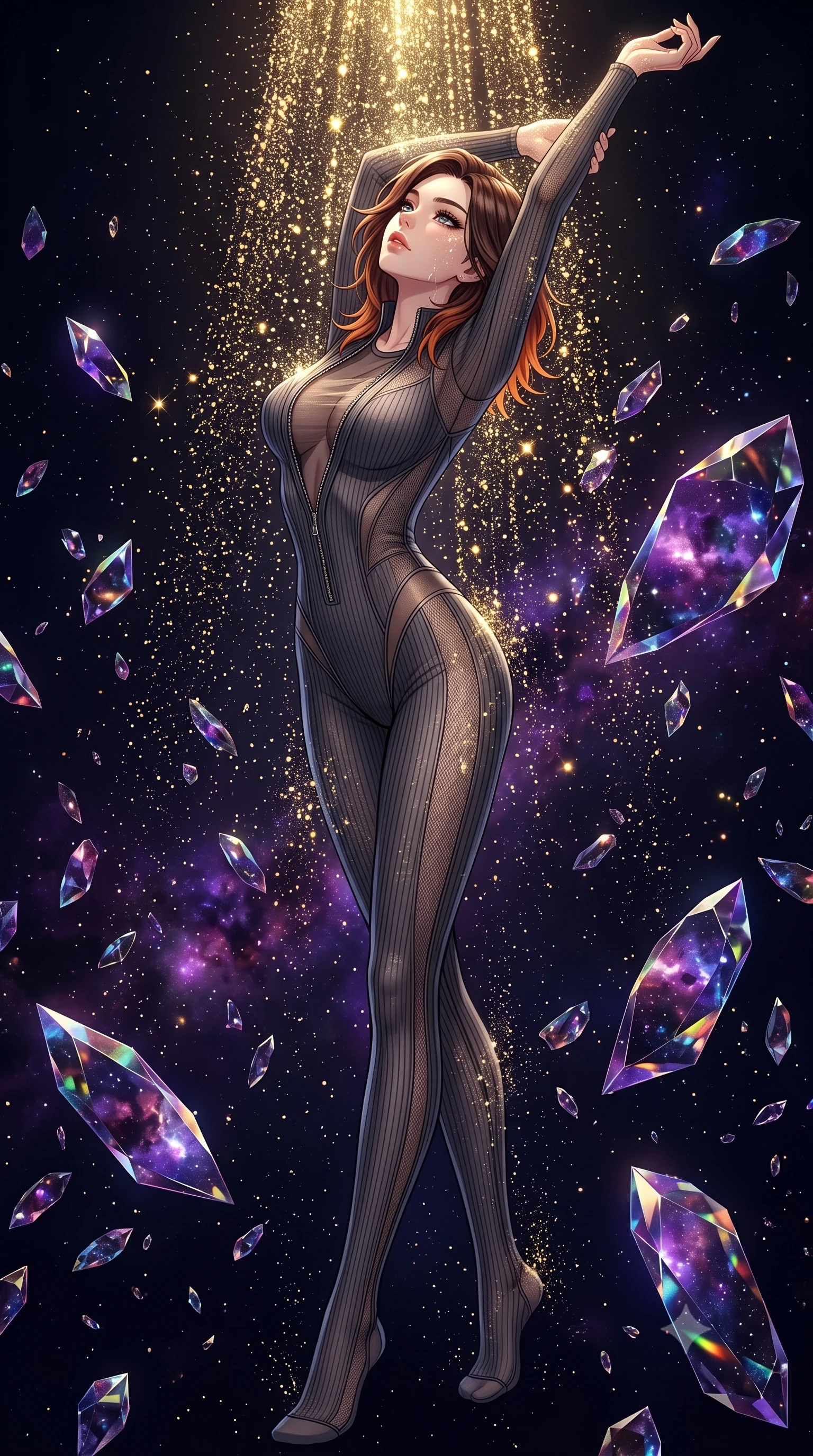 score_9, masterpiece, best quality, ultra-detailed, High-budget Anime Keyframe, East Asian woman. Dynamic full-body shot stretching the vertical silhouette to the limit. Scenario 332: showering under a cascade of glittering gold stardust inside a dark void filled with floating crystal shards reflecting purple nebulae. Her presence is magnetic and overpowering in this high-budget anime scene. Outfit 332: a body-hugging ribbed bodycon knit micro-mesh with a unzipped detail and translucent layers. The clothing is designed to emphasize her exceptionally tall and slender 8-heads proportion. 8-heads proportion, towering silhouette, ultra-slim waist. sharp v-shaped jawline, intricate jewel-like eyes with depth, thick eyelashes, glossy lips. 2k, ultra detail, master piece, 9:16 ratio