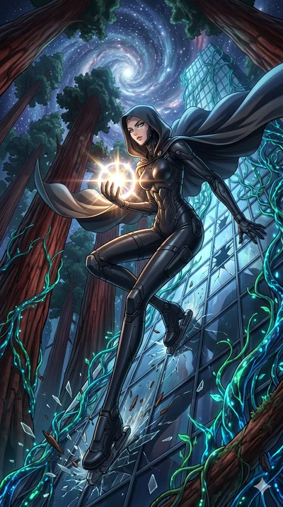 score_9, masterpiece, best quality, ultra-detailed, Set A: High-budget Anime Keyframe, Caucasian (human ears) woman. Low angle cowboy shot filling the entire 9:16 frame with her statuesque presence. Theme: Primal Nature. sliding down a glass skyscrap