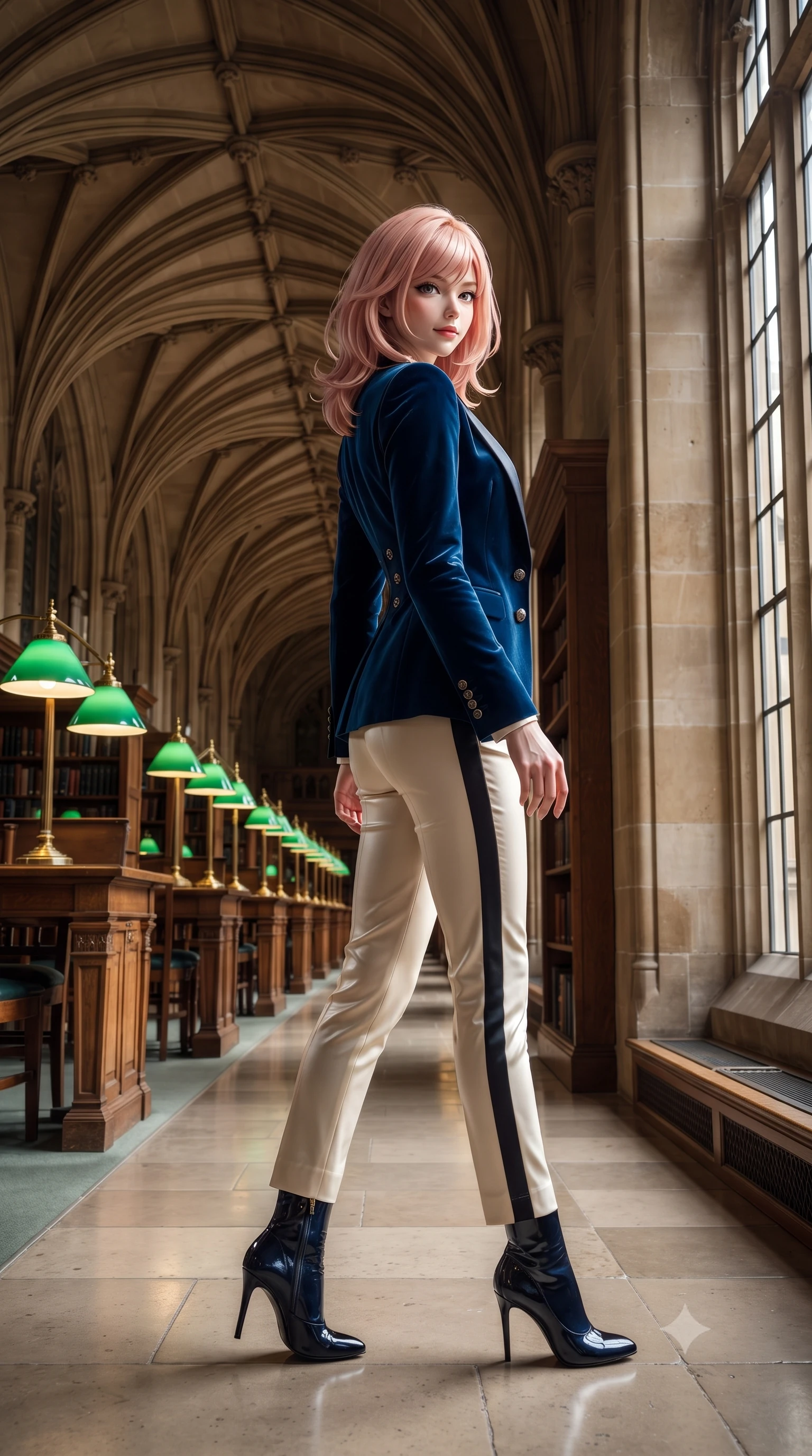 score_9, masterpiece, best quality, ultra-detailed, high-budget anime keyframe, editorial fashion photography, tasteful artistic composition, Japanese woman. low angle full-body shot from head to toe showing her feet, filling the entire 9:16 vertical frame with her statuesque presence, stretching her vertical silhouette. posing in a classic haute-couture S-curve stance beside the floor-to-ceiling window, looking over a bare shoulder with magnetic presence while walking slowly down the grand vaulted central aisle between green banker desk lamps, turning with effortless aristocratic grace. The surrounding environment is rendered in vivid detail and crisp panoramic clarity: detailed bespoke Prince of Wales check blazer tailoring, horn button textures, and historic Oxford architecture in razor-sharp precision. She has an exceptionally tall and slender model-like 8.5-heads proportion, an ultra-slim waist, a flat toned midriff, narrow delicate ribcage, and beautifully sculpted feminine hips creating a graceful, slim hourglass silhouette without any bulky heaviness, with impossibly long slender legs. sharp v-shaped jawline, high-bridge nose, intricate jewel-like sparkling eyes with depth, thick eyelashes, glossy parted lips with a natural peach sheen, bright cheerful beaming smile with an enchanting and coquettish sensual glint, exuding both youthful cute charm and seductive allure, flawlessly proportioned anatomical accuracy, strict slender model proportions, natural body alignment, perfectly sculpted long slender limbs, ultra-slim waistline, clean dynamic posture without body distortion. wearing a tailored corseted velvet blazer jacket worn closed over a tight-fitting silk camisole and sleek tailored cigarette pants in gilded ivory pearl and rich obsidian, tailored from form-contouring ribbed merino wool hugging her torso like a second skin, complemented by sleek patent leather stiletto ankle boots accentuating her long slender calves, the glove-like clinging cut tightly following the natural contour of her hips and long slender legs with youthful 8.5-heads elegance. illuminated by oak bookshelf reflection fill and soft champagne-gold rim lights defining her razor-sharp jawline and elegant tailored silhouette. ultra-reflective glossy finish, specular highlights, rich textural contrasts, high-contrast stereoscopic depth, volumetric dynamic lighting, 2k, ultra detail, master piece, 9:16 ratio