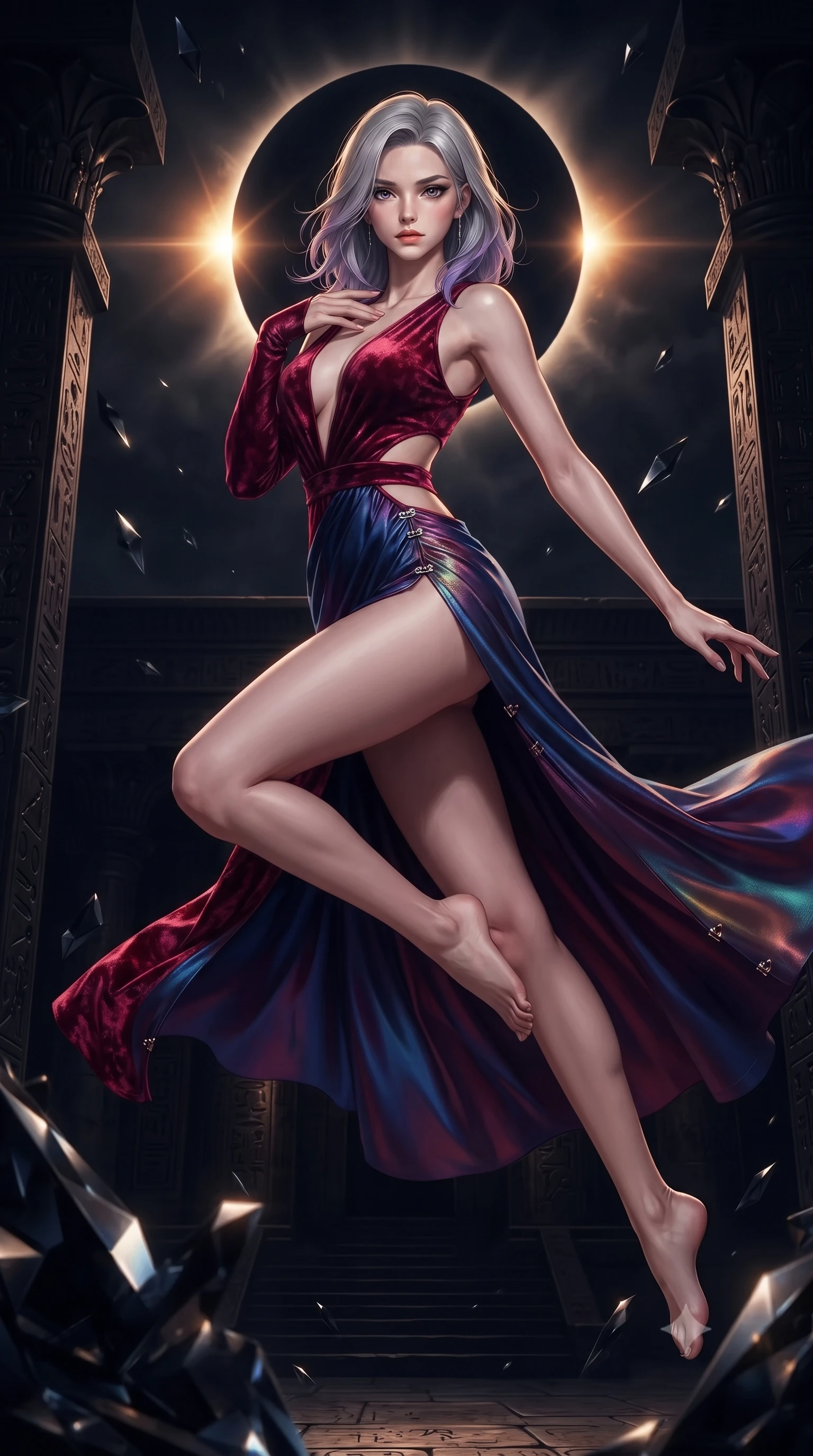 score_9, masterpiece, best quality, ultra-detailed, high-budget anime keyframe, editorial fashion photography, tasteful artistic composition, Caucasian woman. low angle full-body shot from head to toe showing her feet, filling the entire 9:16 vertical frame with her statuesque presence, stretching her vertical silhouette. leaping through mid-air with an athletic yet alluring arch of her spine, her impossibly long slender legs stretched in flawless poise while resting one hand near her clavicle with a dangerous, sovereign smolder gazing directly into the lens beneath the eclipse. The surrounding environment is rendered in vivid detail and crisp panoramic clarity. sharp obsidian stone facet reflections, glowing solar corona flares, and detailed temple hieroglyphs in deep focus. She has an absolutely perfect, statuesque 8.5-heads proportion, an exceptionally tall and slender model-like female figure with impossibly long slender legs, a toned flat midriff, and an ultra-slim waist. sharp v-shaped jawline, high-bridge nose, intricate jewel-like eyes with depth, thick eyelashes, glossy lips with a natural sheen, flawlessly proportioned anatomical accuracy, strict slender model proportions, natural body alignment, perfectly sculpted long slender limbs, ultra-slim waistline, clean dynamic posture without body distortion. wearing a backless crimson crushed velvet gown with a deep plunging V-neckline, strategic hip cutouts, and an ultra-high thigh slit in deep royal navy blue and specular chrome, made of smooth iridescent silk chiffon that shifts colors with movement, finished with an ultra-high side slit secured by miniature magnetic clasps, the glove-like aerodynamic second-skin fit tightly clinging to her ultra-slender waist and athletic curves without adding bulk, accentuating her razor-sharp statuesque lines and slim hourglass silhouette. illuminated by sharp golden rim lights tracing her ultra-slim waist, long legs, and sculpted collarbones. ultra-reflective glossy finish, specular highlights, metallic sheen, high-contrast stereoscopic depth, volumetric dynamic lighting, 2k, ultra detail, master piece, 9:16 ratio