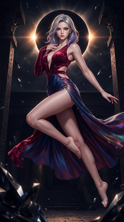 score_9, masterpiece, best quality, ultra-detailed, high-budget anime keyframe, editorial fashion photography, tasteful artistic composition, Caucasian woman. low angle full-body shot from head to toe showing her feet, filling the entire 9:16 vertica