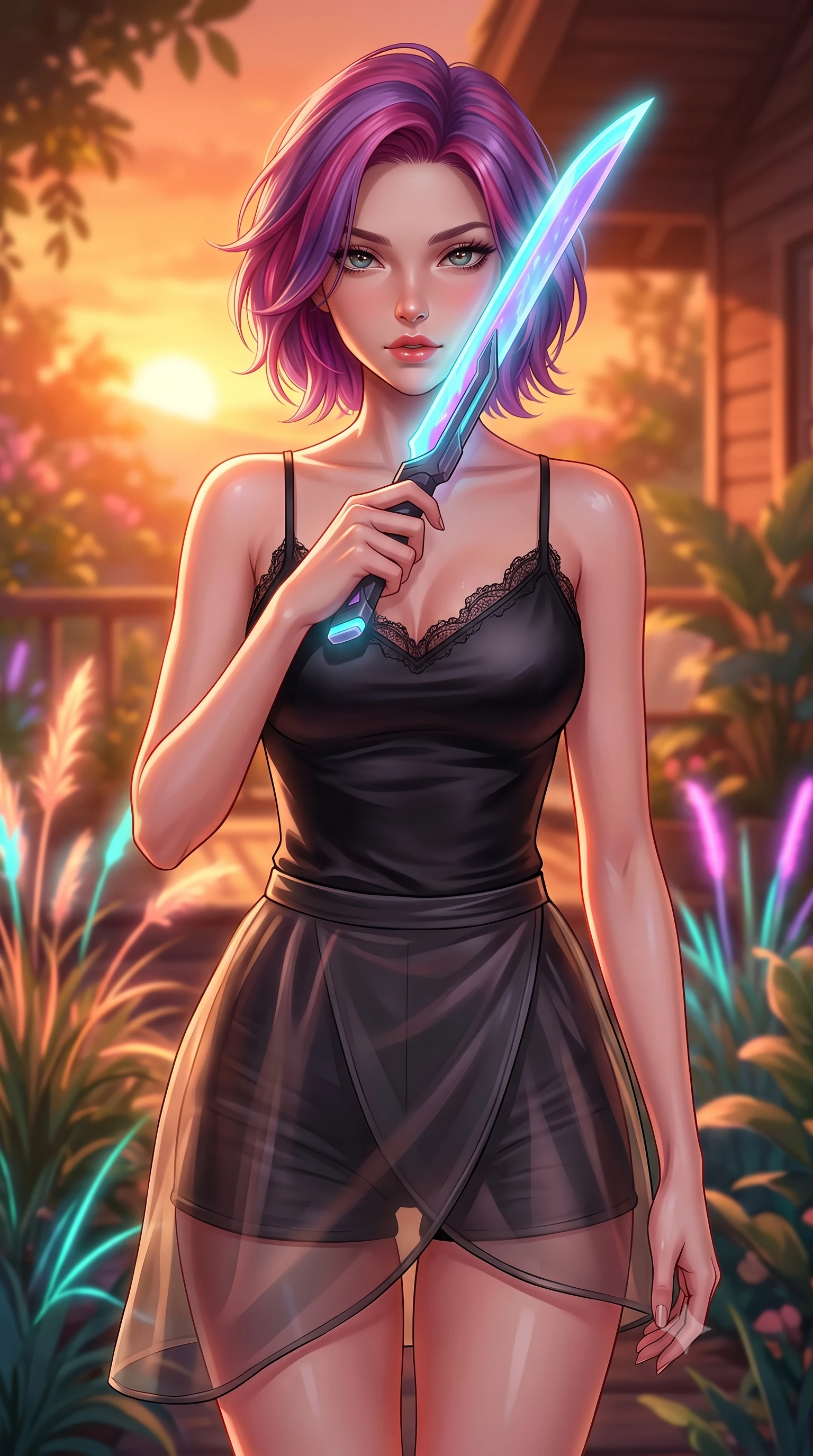 score_9, masterpiece, best quality, ultra-detailed, high-budget anime keyframe, editorial fashion photography, tasteful artistic composition, Caucasian woman. close-up cowboy shot from the waist and thighs up, the character dominates the composition, filling the frame with her large presence, background elements kept in soft focus. pressing the flat side of a glowing vibro-blade against her cheek, locking eyes with the viewer with bedroom-eyes, the background shows a soft-focus a cozy cottage deck in the botanical oasis, surrounded by neon beachgrass. She has an exceptionally elegant, slender, and willowy female figure with an ultra-slim waist, a gracefully sculpted slender torso, and a refined silhouette. sharp v-shaped jawline, high-bridge nose, intricate jewel-like eyes with depth, thick eyelashes, glossy lips with a natural sheen. wearing a form-contouring delicate lace-trim camisole in black silk, paired with a sheer organza wrap skirt and combat shorts. warm sunset light casting a peaceful, cozy orange wash on her figure. highly saturated vibrant anime colors, detailed shading with soft gradients, rich glossy textures, high-contrast stereoscopic depth, volumetric dynamic lighting, master piece, 9:16 ratio