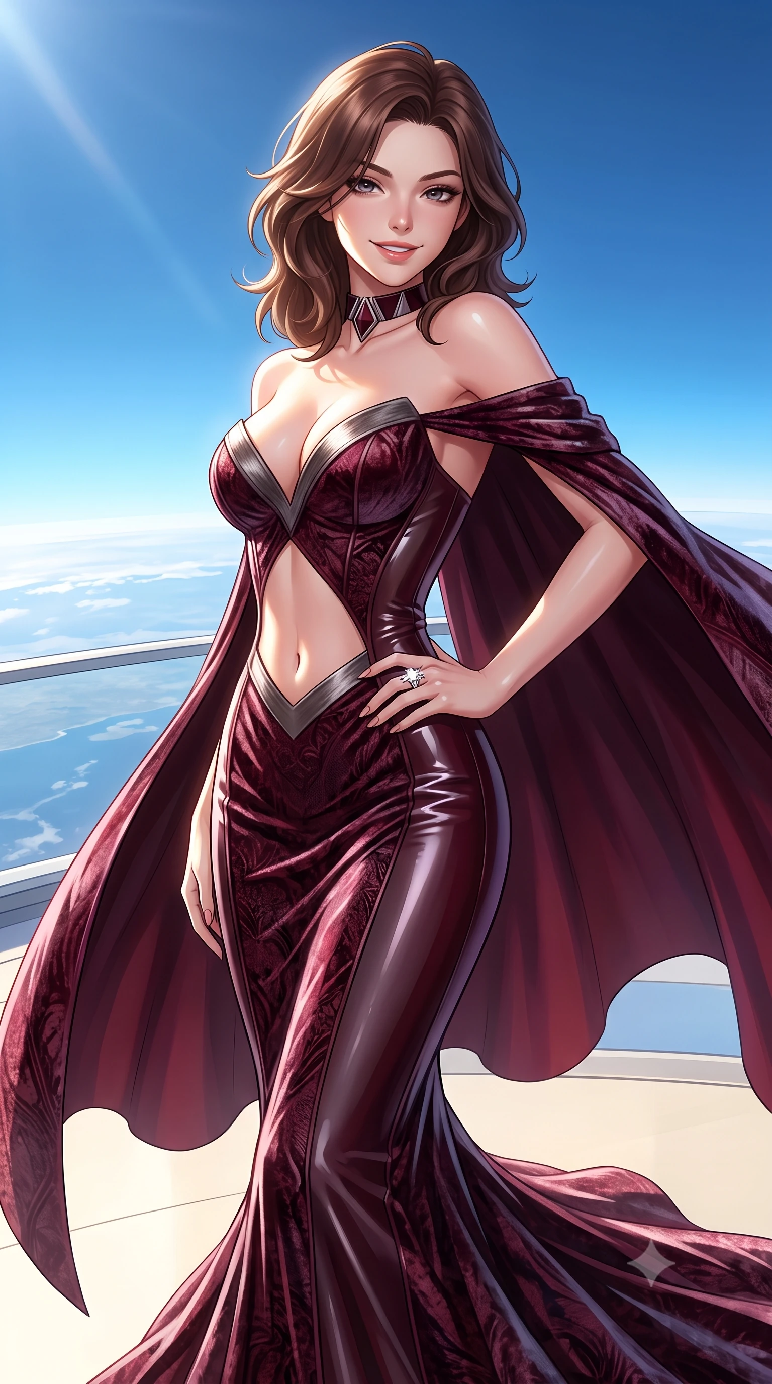 score_9, masterpiece, best quality, ultra-detailed, high-budget anime keyframe, semi-realistic 3D game render, editorial fashion photography, tasteful artistic composition, Korean woman. close-up cowboy shot from the waist and thighs up, the character dominates the composition, filling the frame with her large presence. turning over a bare shoulder with an intoxicating, teasing smile, her soft hair framing her sharp jawline as her hips angle gracefully while standing poised on the high-altitude sun deck, twisting her slender torso in an alluring S-curve as stratospheric trade winds flutter her sweeping cape. The surrounding environment is rendered in vivid detail and crisp panoramic clarity. detailed couture gown weave, intense sun specular highlights on skin, and high-altitude horizon clarity in high resolution. She has an exceptionally elegant, slender, and willowy female figure with an ultra-slim waist, flat toned midriff, narrow ribcage, and sculpted feminine hips creating an alluring, slim hourglass silhouette without bulk. sharp v-shaped jawline, high-bridge nose, intricate jewel-like eyes with depth, thick eyelashes, glossy parted lips with a natural sheen, intensely captivating and seductive bedroom-eyes expression, flawlessly proportioned anatomical accuracy, strict slender model proportions, natural body alignment, perfectly sculpted long slender limbs, ultra-slim waistline, clean dynamic posture without body distortion. wearing a deep sweetheart neckline crushed velvet corseted ballgown with an exposed midriff cutout in deep wine burgundy and brushed dark platinum, tailored from second-skin aerodynamic stretch vinyl with specular wet sheen, complemented by a bold geometric choker and sparkling cocktail ring, the glove-like aerodynamic silhouette tightly following the natural contour of her hips and long slender legs with statuesque 8.5-heads elegance. illuminated by warm white composite floor bounce fill sharply sculpting her razor-sharp jawline, narrow waist, and curvy hips. highly saturated vibrant anime colors, detailed shading with soft gradients, rich glossy textures, high-contrast stereoscopic depth, volumetric dynamic lighting, master piece, 9:16 ratio