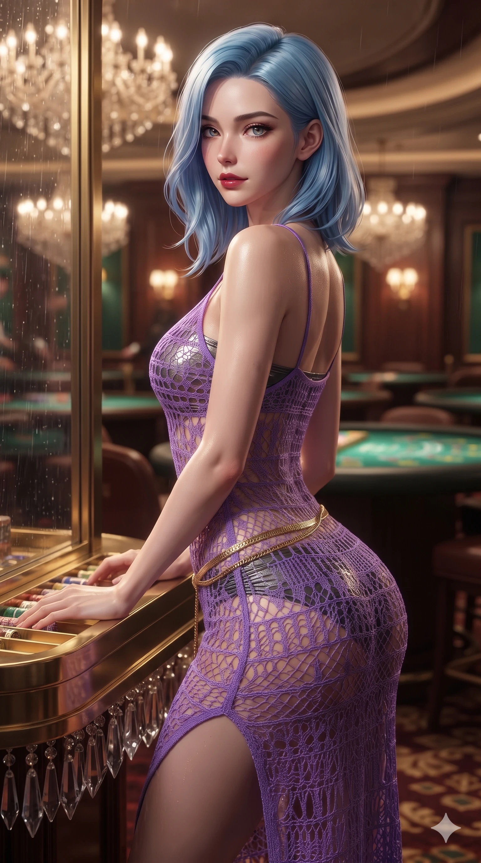score_9, masterpiece, best quality, ultra-detailed, high-budget anime keyframe, editorial fashion photography, tasteful artistic composition, Korean woman. close-up cowboy shot from the waist and thighs up, the character dominates the composition, filling the frame with her large presence. pausing beside an illuminated luxury boutique window with hips cocked back, glancing back with an enchanting, dangerous smile through falling rain while twisting her slender torso in an alluring contrapposto stance beside the polished brass chip tray, chandelier prisms dancing across her curves. The background shows a soft-focus crystal chandeliers, emerald-green baize gaming tables, and polished mahogany paneling blurred into emerald, ruby, and gold bokeh. She has an exceptionally elegant, slender, and willowy female figure with an ultra-slim waist, flat toned midriff, narrow ribcage, and sculpted feminine hips creating an alluring, slim hourglass silhouette without bulk. sharp v-shaped jawline, high-bridge nose, intricate jewel-like dark sparkling eyes with dangerous depth, thick curled eyelashes, glossy parted lips with a rich wine sheen, smoldering seductive half-smile with bedroom-eyes, exuding effortless superiority and intoxicating dark allure, flawlessly proportioned anatomical accuracy, strict slender model proportions, natural body alignment, perfectly sculpted long slender limbs, ultra-slim waistline, clean dynamic posture without body distortion. wearing a delicate semi-sheer openwork crochet knit slip worn over a metallic micro-bandeau and ruched briefs in ultraviolet neon and dark rain-soaked shadow tones, tailored from fine lightweight midnight wool crepe with crisp architectural structure, finished with a delicate gold snake chain belt resting loosely across her curvy hips, the impeccably tailored cut draping gracefully along her slender figure with aristocratic noir poise. bathed in warm, focused pin-spot lighting over the green gaming tables contrasted with intimate ambient shadows. ultra-reflective glossy finish, specular highlights, rich textural contrasts, high-contrast stereoscopic depth, volumetric dynamic lighting, 2k, ultra detail, master piece, 9:16 ratio