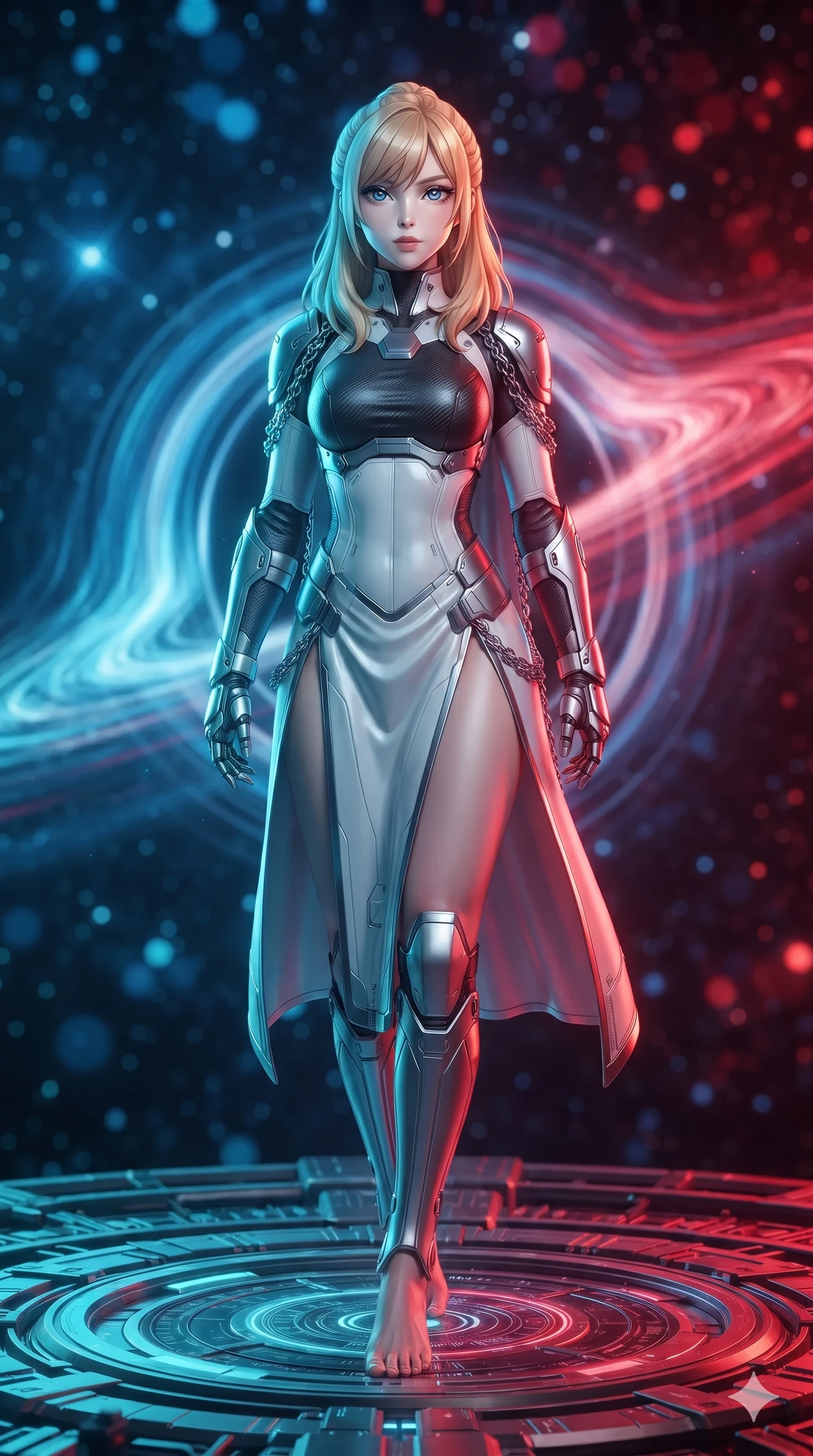 score_9, masterpiece, best quality, ultra-detailed, high-budget anime keyframe, editorial fashion photography, tasteful artistic composition, Caucasian woman. low angle full-body shot from head to toe showing her feet, filling the entire 9:16 vertical frame with her statuesque presence, stretching her vertical silhouette. stepping slowly toward the camera with hypnotic grace, hips swaying in an alluring sensual rhythm that accentuates her curvy hourglass silhouette and long slender legs while standing poised on the central instrumentation dais, arching her spine with sovereign ancient-future grace as relativistic blue-shifted light on one side and red-shifted light on the other illuminate her body. The background shows a soft-focus warped gravitational lensing rings, blue and crimson Doppler-shifted plasma waves, and distant star clusters blurred into sapphire, ruby, and obsidian bokeh. She has an absolutely perfect, statuesque 8.5-heads proportion, an exceptionally tall and slender model-like female figure with impossibly long slender legs, an ultra-slim waist, a flat toned midriff, narrow delicate ribcage, and beautifully sculpted feminine hips creating a graceful, slim hourglass silhouette without any bulky heaviness. sharp v-shaped jawline, high-bridge nose, intricate jewel-like sparkling eyes with depth, thick eyelashes, glossy parted lips with a natural sheen, bright confident smile with an enchanting and coquettish sensual glint, exuding both youthful magnetic charm and sovereign high-tech allure, flawlessly proportioned anatomical accuracy, strict slender model proportions, natural body alignment, perfectly sculpted long slender limbs, ultra-slim waistline, clean dynamic posture without body distortion. wearing a cyber-samurai tactical suit featuring a shortened carbon chestplate and high-slit armored wrap skirt in pure alabaster white and brushed silver accents, tailored from brushed aeronautical titanium alloy with matte satin sheen, accented with an open-back drape framed by falling strands of delicate chrome chains, the precision-cut side openings and low-back scoop framing her graceful spine and the sensual sweep of her slim, toned hips. bathed in dramatic split relativistic lighting: blazing electric cyan on the approaching side and fiery crimson on the receding side. ultra-reflective glossy finish, specular highlights, rich textural contrasts, high-contrast stereoscopic depth, volumetric dynamic lighting, 2k, ultra detail, master piece, 9:16 ratio