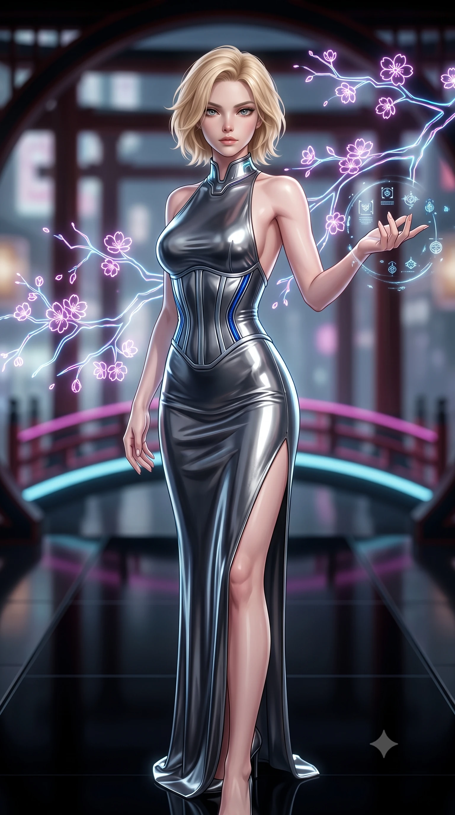 score_9, masterpiece, best quality, ultra-detailed, high-budget anime keyframe, editorial fashion photography, tasteful artistic composition, Caucasian woman. close-up cowboy shot from the waist and thighs up, the character dominates the composition, filling the frame with her large presence. extending one arm gracefully as floating holographic glyphs and nano-crystals orbit her fingertips with sovereign power while pivoting dynamically on a black glass runway as holographic cherry blossom branches branch out in glowing neon lines. The composition keeps background elements in soft focus with creamy bokeh. traditional futuristic lacquered arches and neon bridges softened by shallow cinematic depth of field. She has an exceptionally elegant, slender, and willowy female figure with an ultra-slim waist, a gracefully sculpted slender torso, toned flat midriff, and a refined slim silhouette. sharp v-shaped jawline, high-bridge nose, intricate jewel-like eyes with depth, thick eyelashes, glossy lips with a natural sheen, flawlessly proportioned anatomical accuracy, strict slender model proportions, natural body alignment, perfectly sculpted long slender limbs, ultra-slim waistline, clean dynamic posture without body distortion. wearing a backless molten silver liquid-metal gown with a high-cut side slit and precision-fitted waist boning in liquid platinum silver and deep sapphire blue LED filaments, made of liquid jersey fabric that clings flawlessly to every contour of her build, featuring a sleek aerodynamic collar framed by subtle glowing cybernetic accents, the liquid-tight tailored fabric emphasizing every curve of her tall, slender model proportions and sculptured silhouette during dynamic movement. surrounded by an exotic, romantic, and breathtakingly stylish cyber-goddess aura. ultra-reflective glossy finish, specular highlights, dark metallic sheen, high-contrast stereoscopic depth, volumetric dynamic lighting, 2k, ultra detail, master piece, 9:16 ratio