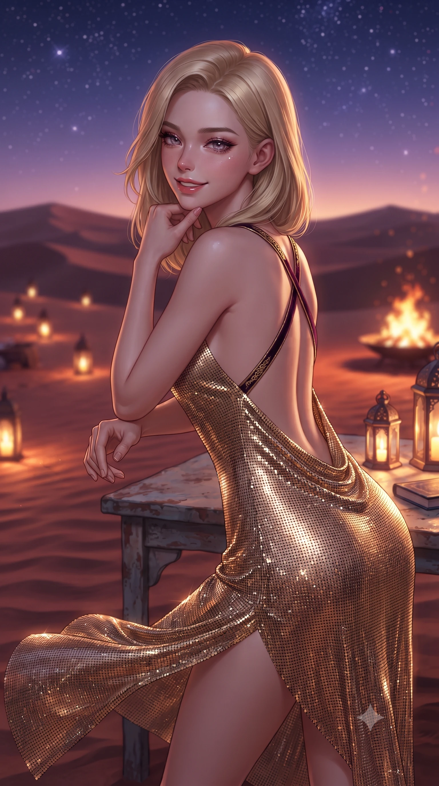 score_9, masterpiece, best quality, ultra-detailed, high-budget anime keyframe, editorial fashion photography, tasteful artistic composition, Korean woman. close-up cowboy shot from the waist and thighs up, the character dominates the composition, filling the frame with her large presence. resting one elbow on the table and supporting her chin, leaning close to the camera with heavy-lidded sparkling eyes and parted lips while standing poised atop the crest of a wind-sculpted red desert dune, arching her lower back as sunset winds flutter her gown around her slender legs. The background shows a soft-focus endless rolling red sand dunes under a starlit violet sky, glowing outdoor lantern pathways, and roaring fire pits blurred into amber, crimson, and deep indigo bokeh. She has an exceptionally elegant, slender, and willowy female figure with an ultra-slim waist, flat toned midriff, narrow ribcage, and sculpted feminine hips creating an alluring, slim hourglass silhouette without bulk. sharp v-shaped jawline, high-bridge nose, intricate jewel-like sparkling eyes with depth, thick eyelashes, glossy parted lips with a natural peach sheen, bright cheerful beaming smile with an enchanting and coquettish sensual glint, exuding both youthful cute charm and seductive allure, flawlessly proportioned anatomical accuracy, strict slender model proportions, natural body alignment, perfectly sculpted long slender limbs, ultra-slim waistline, clean dynamic posture without body distortion. wearing a backless silk crepe slip dress with a swooping low cowl back reaching her waistline and delicate criss-cross straps in opulent dark velvet plum and gilded filigree, made of shimmering fluid gold chainmail mesh reflecting ambient chandelier light, accented with an open-back drape framed by falling strands of delicate gold chains, the second-skin tailored fabric adhering flawlessly to her sculpted flat midriff and slender torso, emphasizing her long leg lines and perfectly proportioned willowy build. bathed in the dramatic warm 2200K glow of dancing fire pits contrasted with cool desert starlight. ultra-reflective glossy finish, specular highlights, rich textural contrasts, high-contrast stereoscopic depth, volumetric dynamic lighting, 2k, ultra detail, master piece, 9:16 ratio