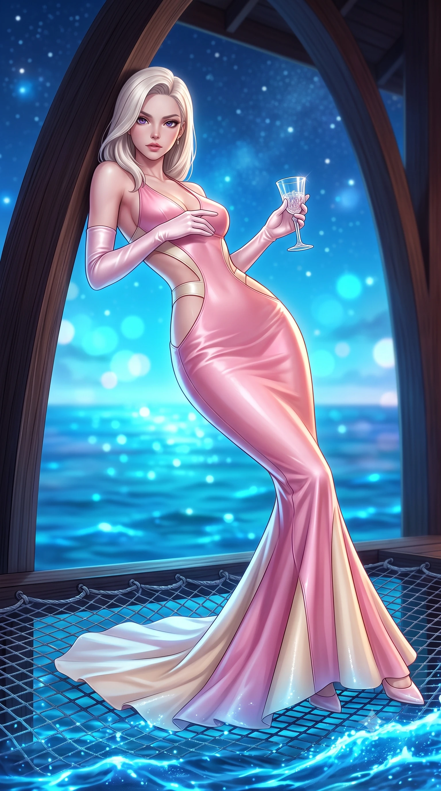 score_9, masterpiece, best quality, ultra-detailed, high-budget anime keyframe, semi-realistic 3D game render, editorial fashion photography, tasteful artistic composition, Caucasian woman. low angle full-body shot from head to toe showing her feet, filling the entire 9:16 vertical frame with her statuesque presence, stretching her vertical silhouette. leaning deep against the structural architecture with hips cocked in an unapologetically bold, seductive high-fashion stance while reclining across the suspended overwater net hammock hovering inches above glowing blue bioluminescent waves, arching her spine with seductive tropical grace. The composition keeps background elements in soft focus with creamy bokeh. glowing blue-green bioluminescent waves and starlit Indian Ocean horizon blurred into luminous cyan, sapphire, and starlight bokeh. She has an exceptionally tall and slender model-like 8.5-heads proportion, an ultra-slim waist, a flat toned midriff, narrow delicate ribcage, and beautifully sculpted feminine hips creating a graceful, slim hourglass silhouette without any bulky heaviness, with impossibly long slender legs. sharp v-shaped jawline, high-bridge nose, intricate jewel-like eyes with depth, thick eyelashes, glossy parted lips with a natural sheen, intensely captivating and seductive bedroom-eyes expression, flawlessly proportioned anatomical accuracy, strict slender model proportions, natural body alignment, perfectly sculpted long slender limbs, ultra-slim waistline, clean dynamic posture without body distortion. wearing a sculptured liquid-satin mermaid gown with an architectural open-waist cutout and bare spine in sakura blossom pink and warm ivory, formed from supple second-skin lambskin leather with specular sheen, accessorized with opera-length satin gloves and a vintage crystal glass, the glove-like aerodynamic silhouette tightly following the natural contour of her hips and long slender legs with statuesque 8.5-heads elegance. illuminated by sparkling aquatic highlights carving her razor-sharp jawline, narrow waist, and curvy hips. highly saturated vibrant anime colors, detailed shading with soft gradients, rich glossy textures, high-contrast stereoscopic depth, volumetric dynamic lighting, master piece, 9:16 ratio