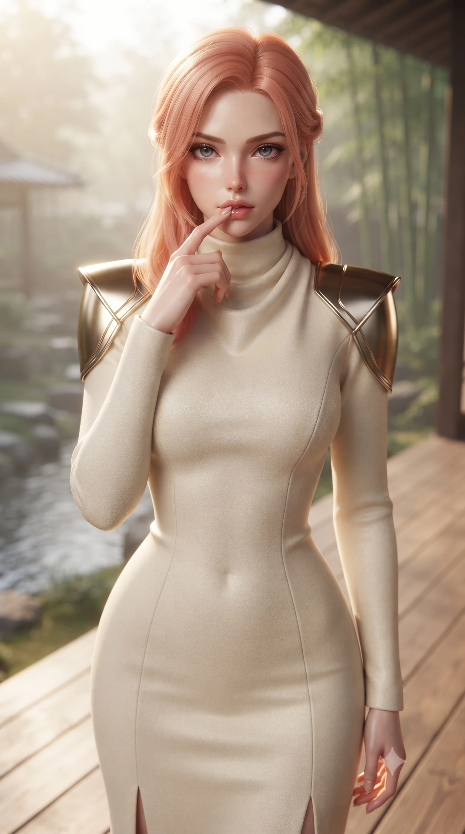 score_9, masterpiece, best quality, ultra-detailed, high-budget anime keyframe, editorial fashion photography, tasteful artistic composition, Japanese woman woman. close-up cowboy shot from the waist and thighs up, the character dominates the composition, filling the frame with her large presence, background elements kept in soft focus. pressing one finger to her bottom lip in a thoughtful, seductive gesture under the warm sun the background shows a soft-focus a wooden deck of a traditional Japanese inn overlooking a quiet stream and bamboo grove. She has an exceptionally elegant, slender, and willowy female figure with an ultra-slim waist, a gracefully sculpted slender torso, and a refined silhouette. sharp v-shaped jawline, high-bridge nose, intricate jewel-like eyes with depth, thick eyelashes, glossy lips with a natural sheen. wearing a tailored elegant galactic senate gown in cream cashmere, featuring structured metallic gold shoulder guards and a high-neck drape. soft morning mist diffusing the sunlight, creating a tranquil atmosphere. ultra-reflective glossy finish, specular highlights, metallic sheen, high-contrast stereoscopic depth, volumetric dynamic lighting, 2k, ultra detail, master piece, 9:16 ratio