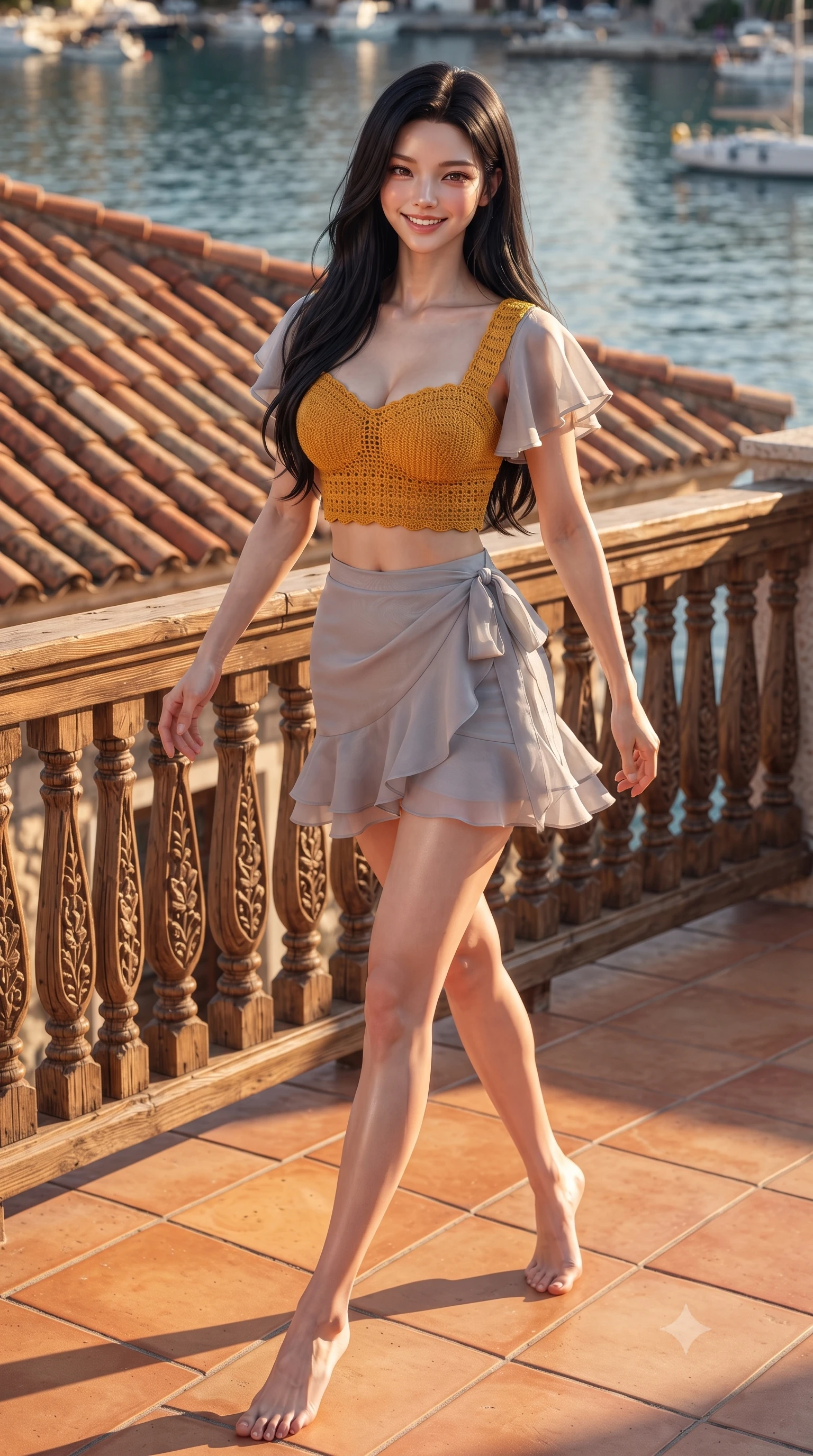 score_9, masterpiece, best quality, ultra-detailed, high-budget anime keyframe, editorial fashion photography, tasteful artistic composition, Korean woman. low angle full-body shot from head to toe showing her feet, filling the entire 9:16 vertical frame with her statuesque presence, stretching her vertical silhouette. stepping forward gracefully across the terrace in mid-motion with a radiant beaming smile, hips swaying in an alluring kinetic rhythm that accentuates her curvy hourglass silhouette and long slender legs while twisting her slender torso in an alluring S-curve, her fitted knit resort dress hugging her narrow waist and rounded feminine hips. The surrounding environment is rendered in vivid detail and crisp panoramic clarity. sharp weathered terracotta roof tiles, hand-carved wooden balustrade relief, and harbor water ripple clarity in deep focus. She has an exceptionally tall and slender model-like 8.5-heads proportion, an ultra-slim waist, a flat toned midriff, narrow delicate ribcage, and beautifully sculpted feminine hips creating a graceful, slim hourglass silhouette without any bulky heaviness, with impossibly long slender legs. sharp v-shaped jawline, high-bridge nose, sparkling amber-hazel eyes with depth, long lush eyelashes, glossy sun-kissed lips with a warm coral glaze, radiant teasing smile with sensual sunlit bedroom-eyes, exuding effortless old-money elegance and intoxicating sun-drenched allure, flawlessly proportioned anatomical accuracy, strict slender model proportions, natural body alignment, perfectly sculpted long slender limbs, ultra-slim waistline, clean dynamic posture without body distortion. wearing a sweetheart-neckline crochet knit crop top paired with a curve-hugging wrap mini skirt accentuating her hips in rich saffron amber and soft dove grey, woven from layered gossamer organza with weightless flutter, featuring elegant flutter sleeves and a graceful square neckline, the form-fitting cut adhering flawlessly to her sculpted flat midriff and slender torso, emphasizing her long leg lines and perfectly proportioned willowy build. bathed in late-afternoon golden hour sunlight reflecting off the calm harbor waters. ultra-reflective glossy finish, specular highlights, rich textural contrasts, high-contrast stereoscopic depth, volumetric dynamic lighting, 2k, ultra detail, master piece, 9:16 ratio